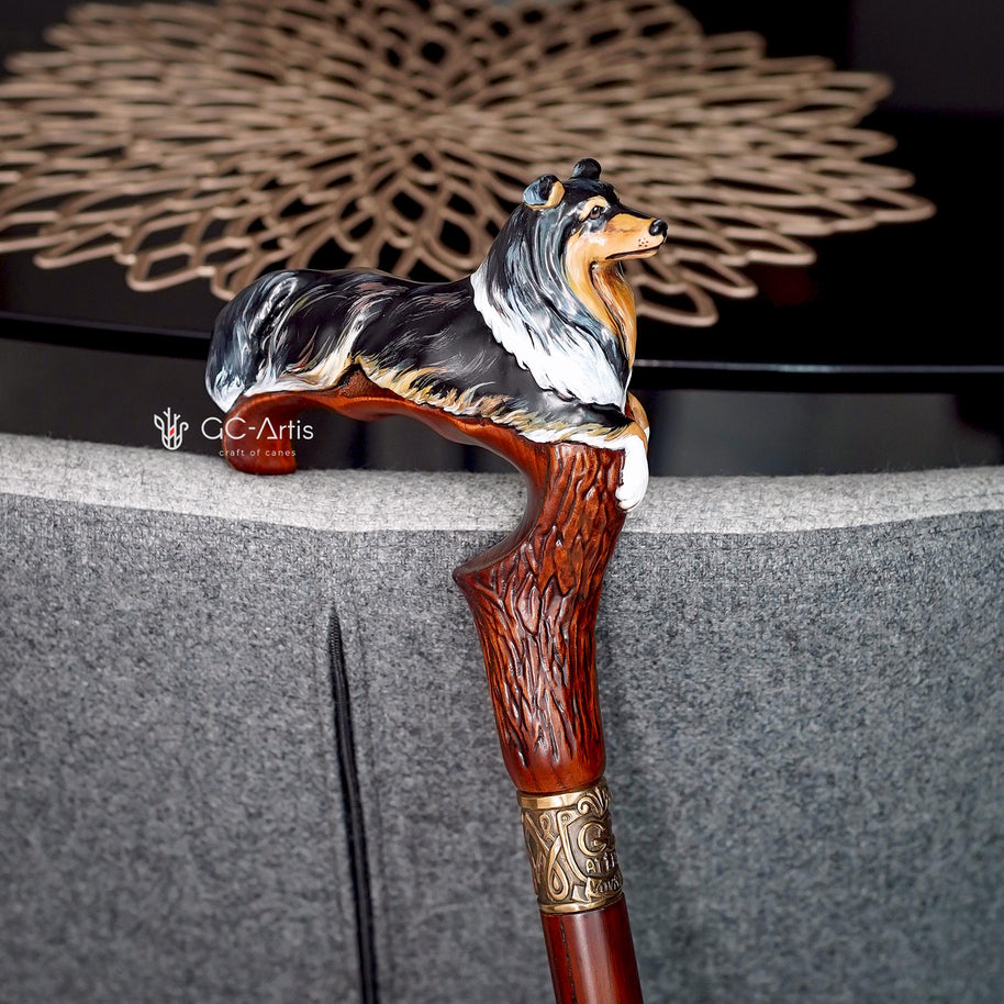 Hand painted Wooden Walking Stick Cane - Collie Dog - Tricolor Scotland shepherd Sheltie