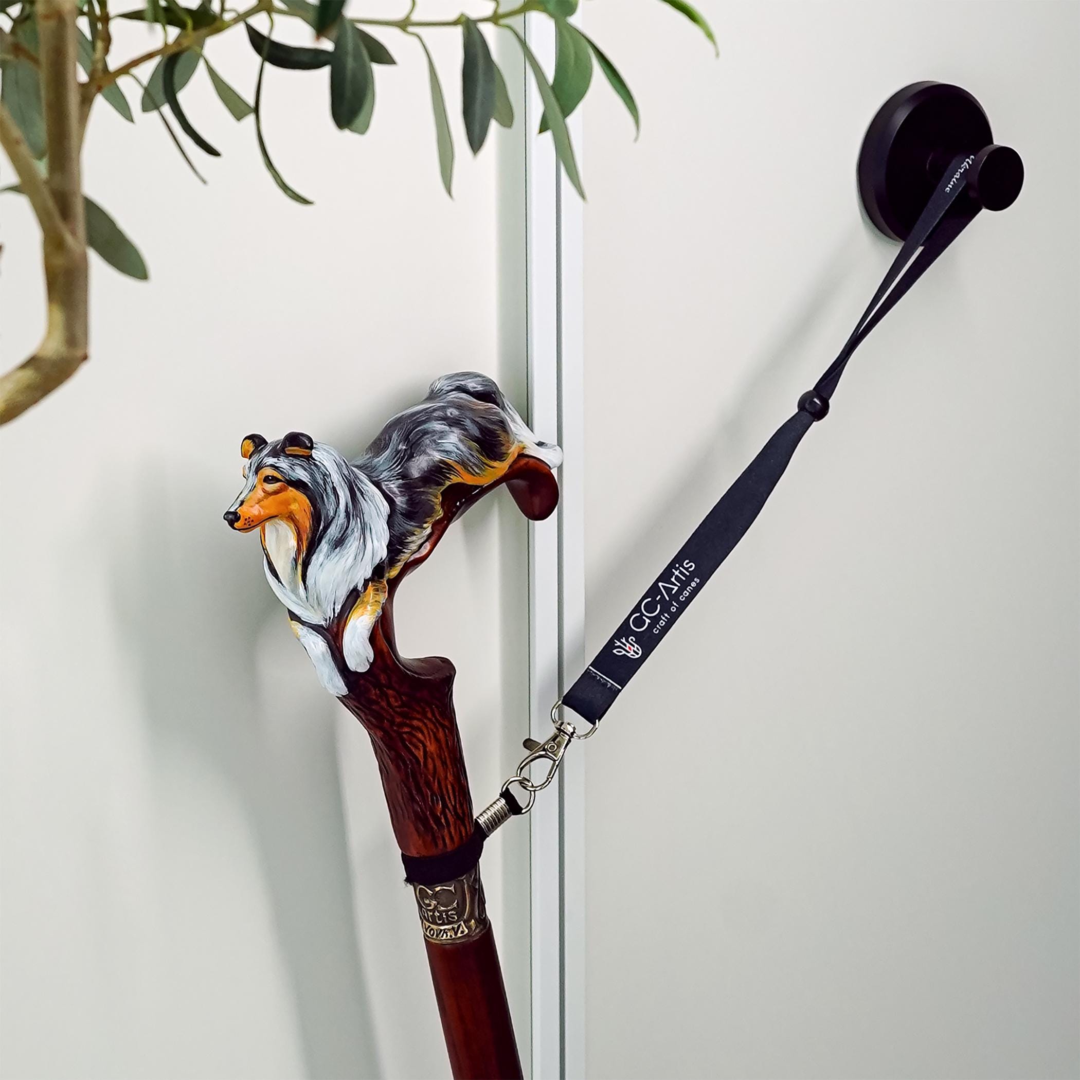 Hand-painted Wooden Walking Stick Cane - Collie Dog - Smoke Scotland shepherd Sheltie