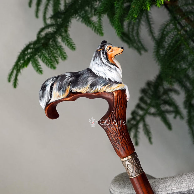 Hand-painted Wooden Walking Stick Cane - Collie Dog - Smoke Scotland shepherd Sheltie