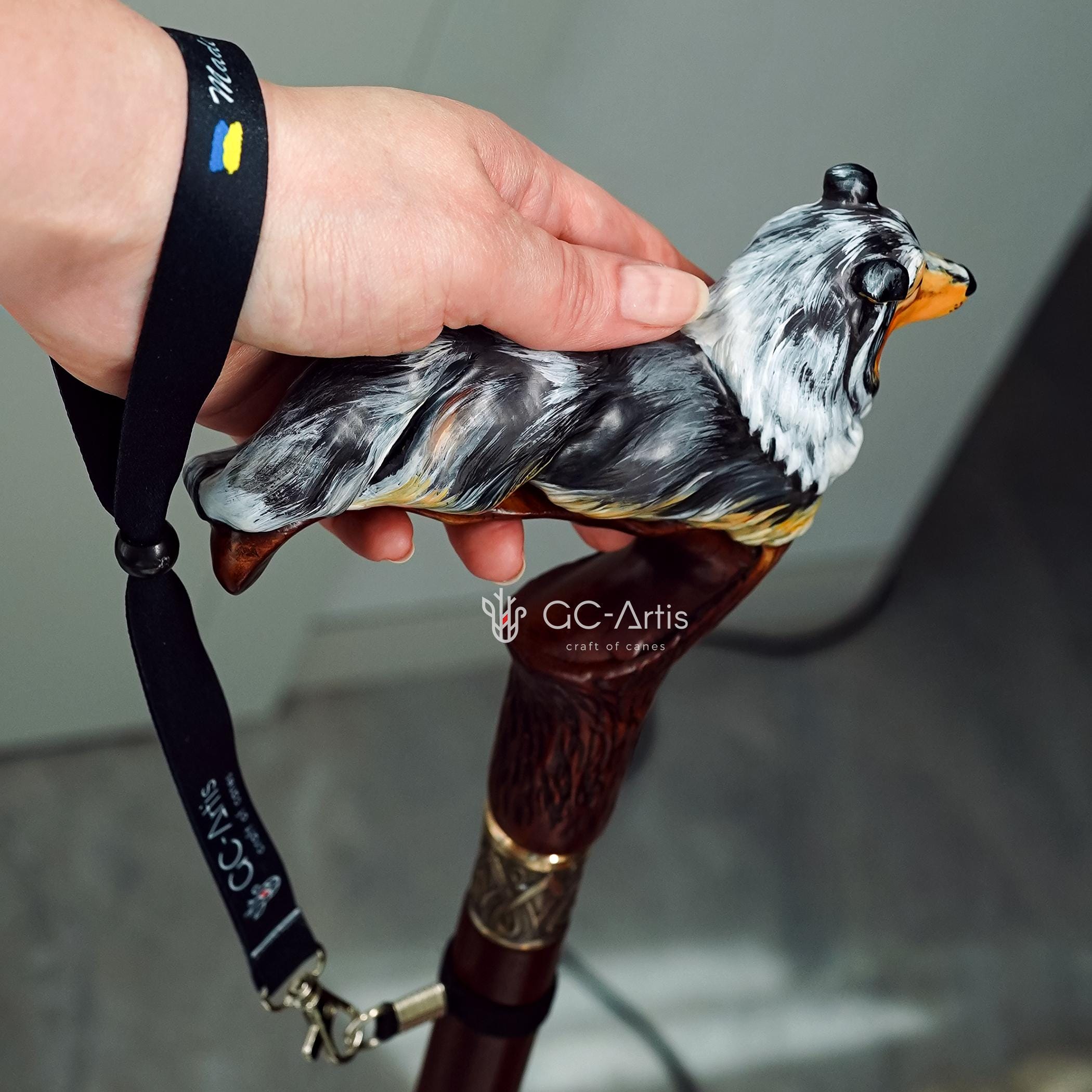Hand-painted Wooden Walking Stick Cane - Collie Dog - Smoke Scotland shepherd Sheltie