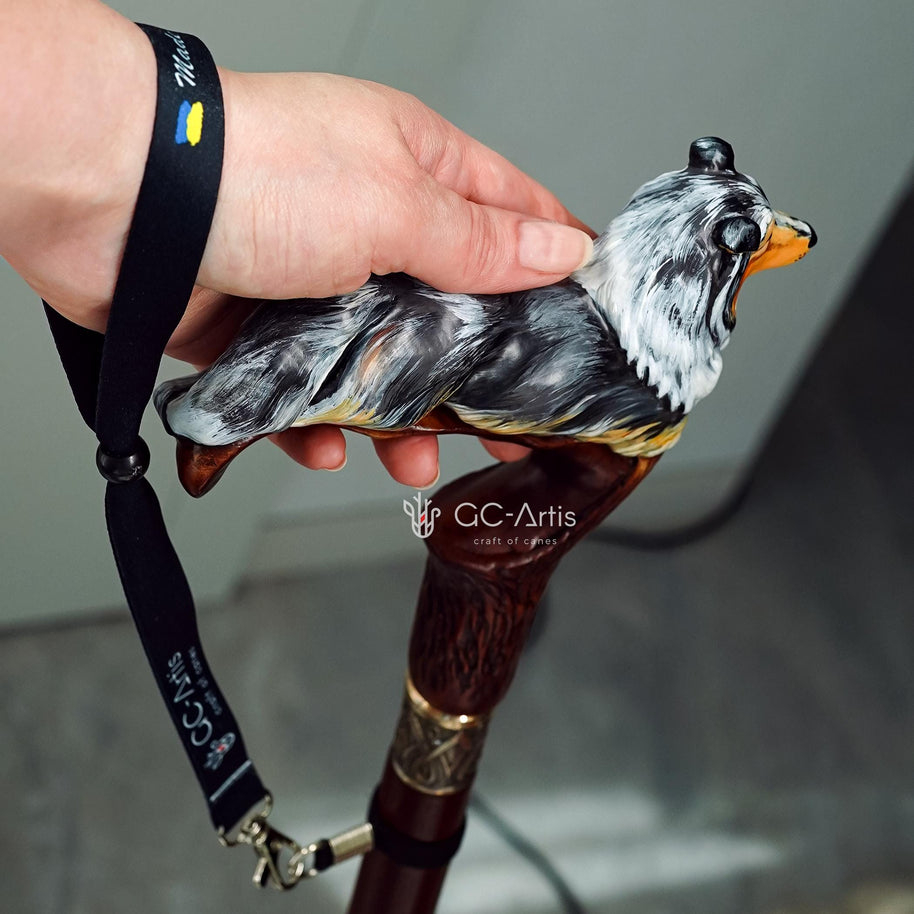 Hand-painted Wooden Walking Stick Cane - Collie Dog - Smoke Scotland shepherd Sheltie