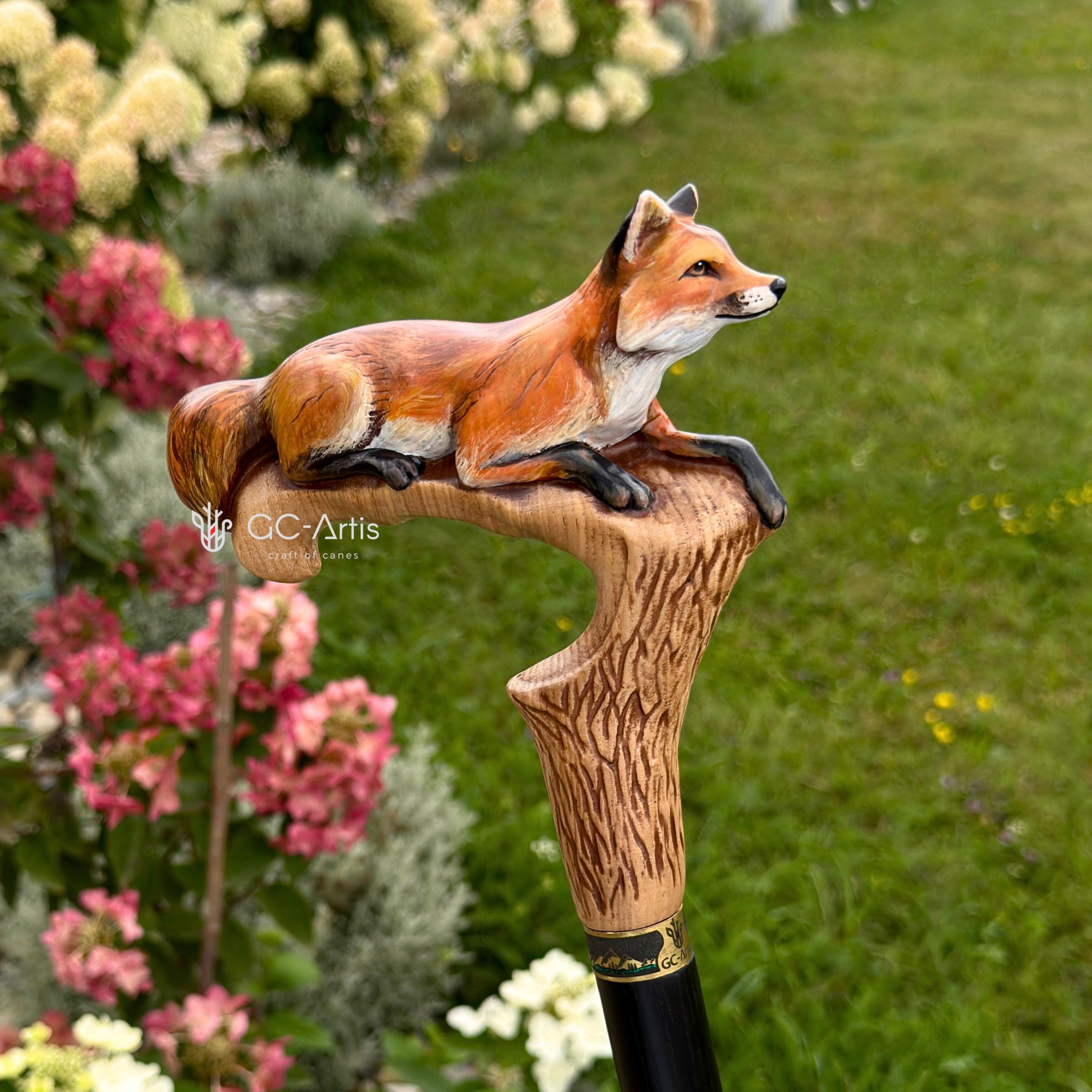Hand-painted Walking Cane Stick - Fox, Cool Wood carved ladies accessory