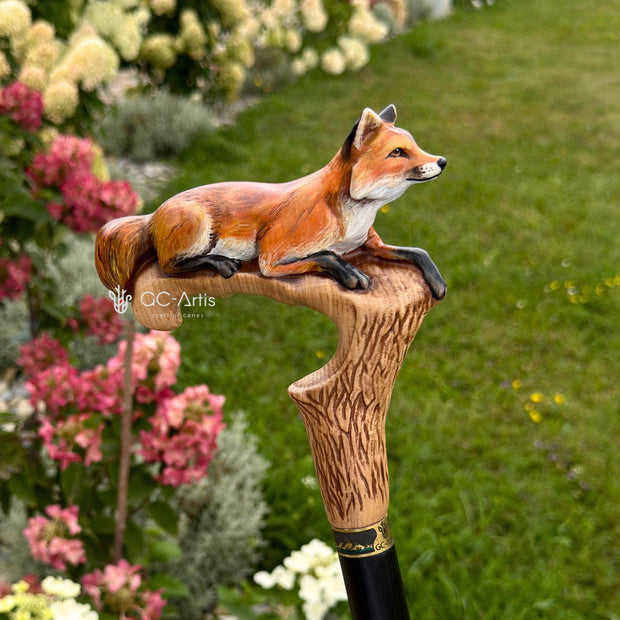 Hand-painted Walking Cane Stick - Fox, Cool Wood carved ladies accessory