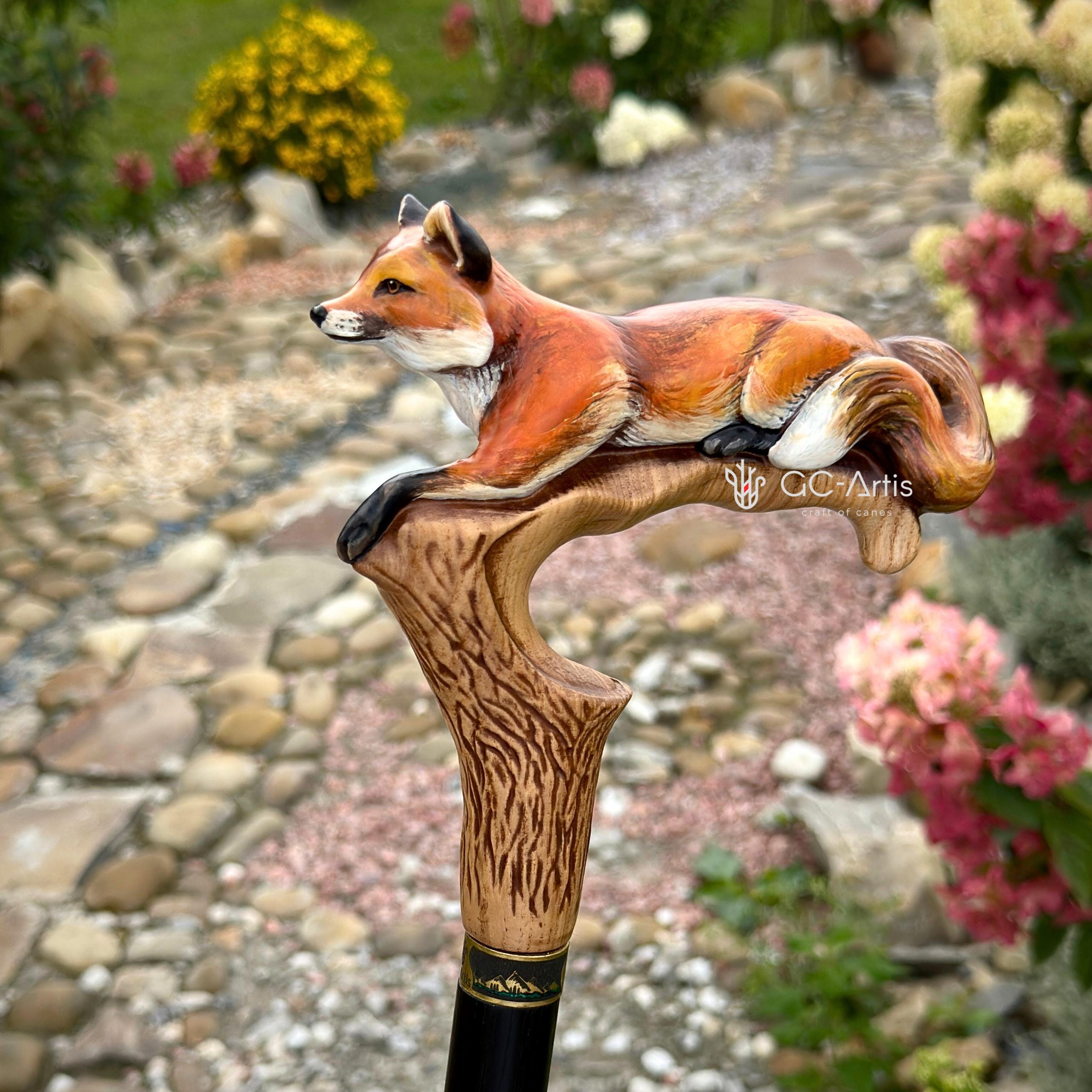 Hand-painted Walking Cane Stick - Fox, Cool Wood carved ladies accessory