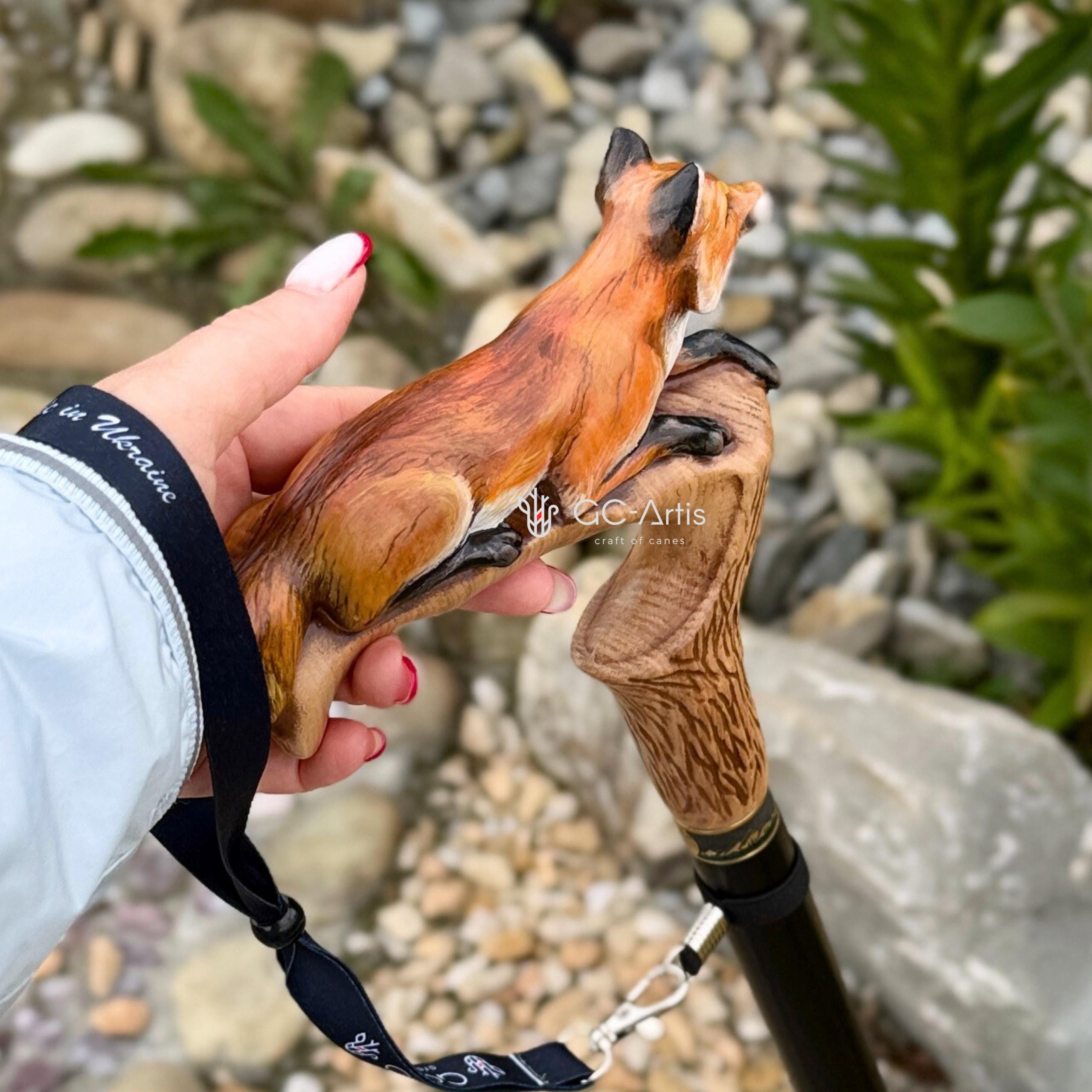 Hand-painted Walking Cane Stick - Fox, Cool Wood carved ladies accessory