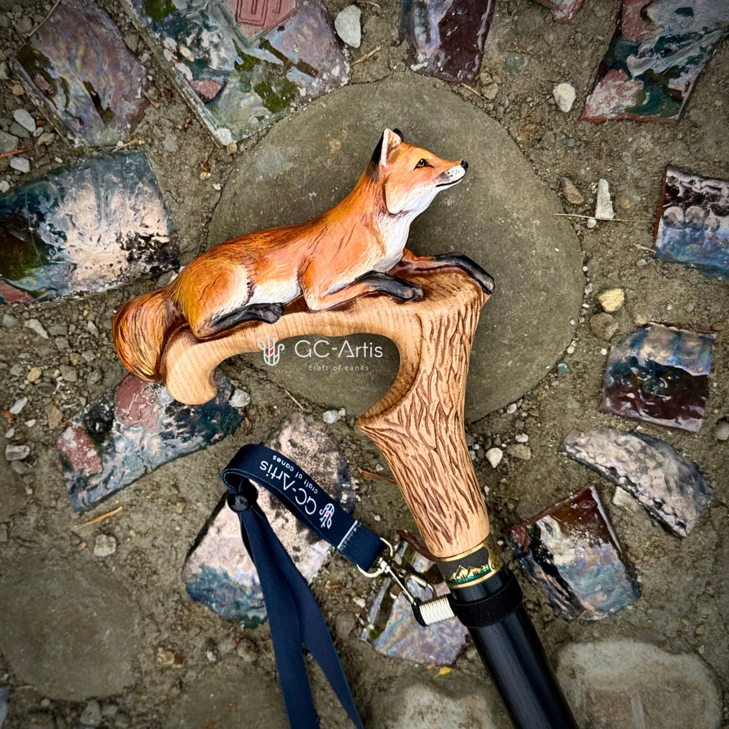 Hand-painted Walking Cane Stick - Fox, Cool Wood carved ladies accessory