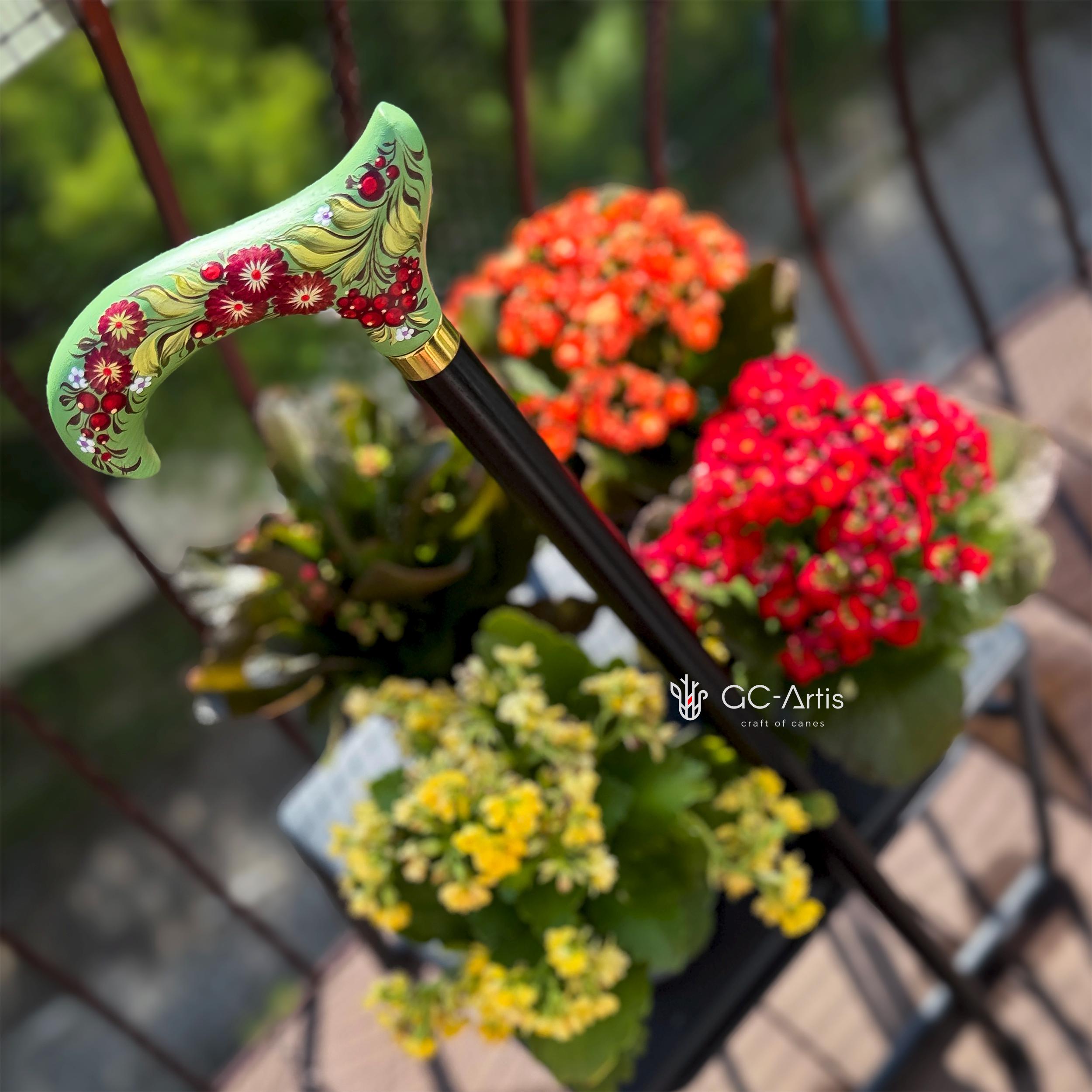 Elegant Hand-painted Walking Stick Cane with Guelder Rose - Green & Red decoration, black shaft, derby handle