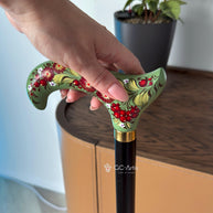 Elegant Hand-painted Walking Stick Cane with Guelder Rose - Green & Red decoration, black shaft, derby handle