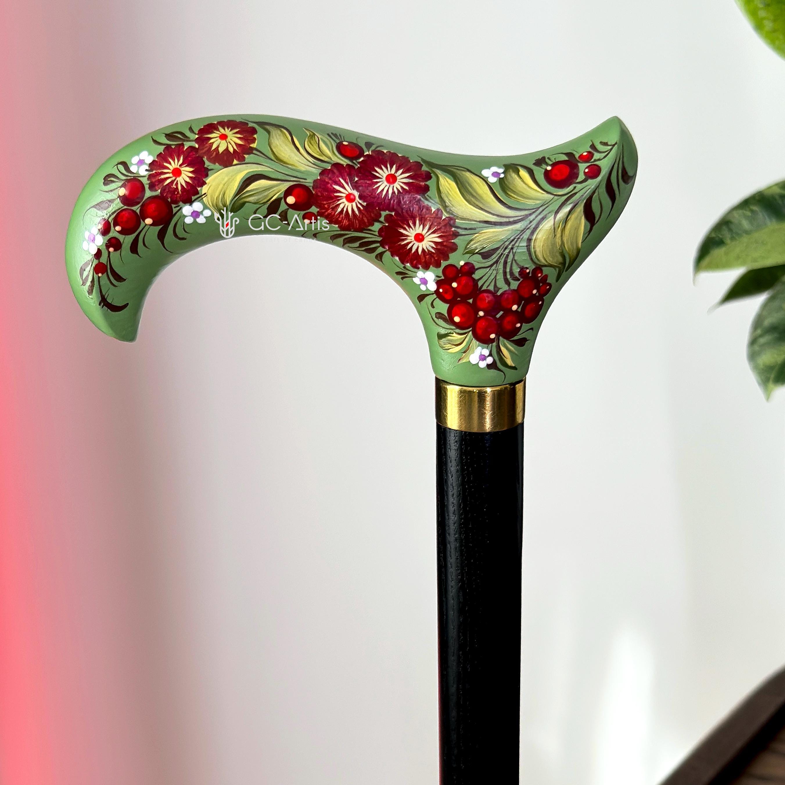 Elegant Hand-painted Walking Stick Cane with Guelder Rose - Green & Red decoration, black shaft, derby handle