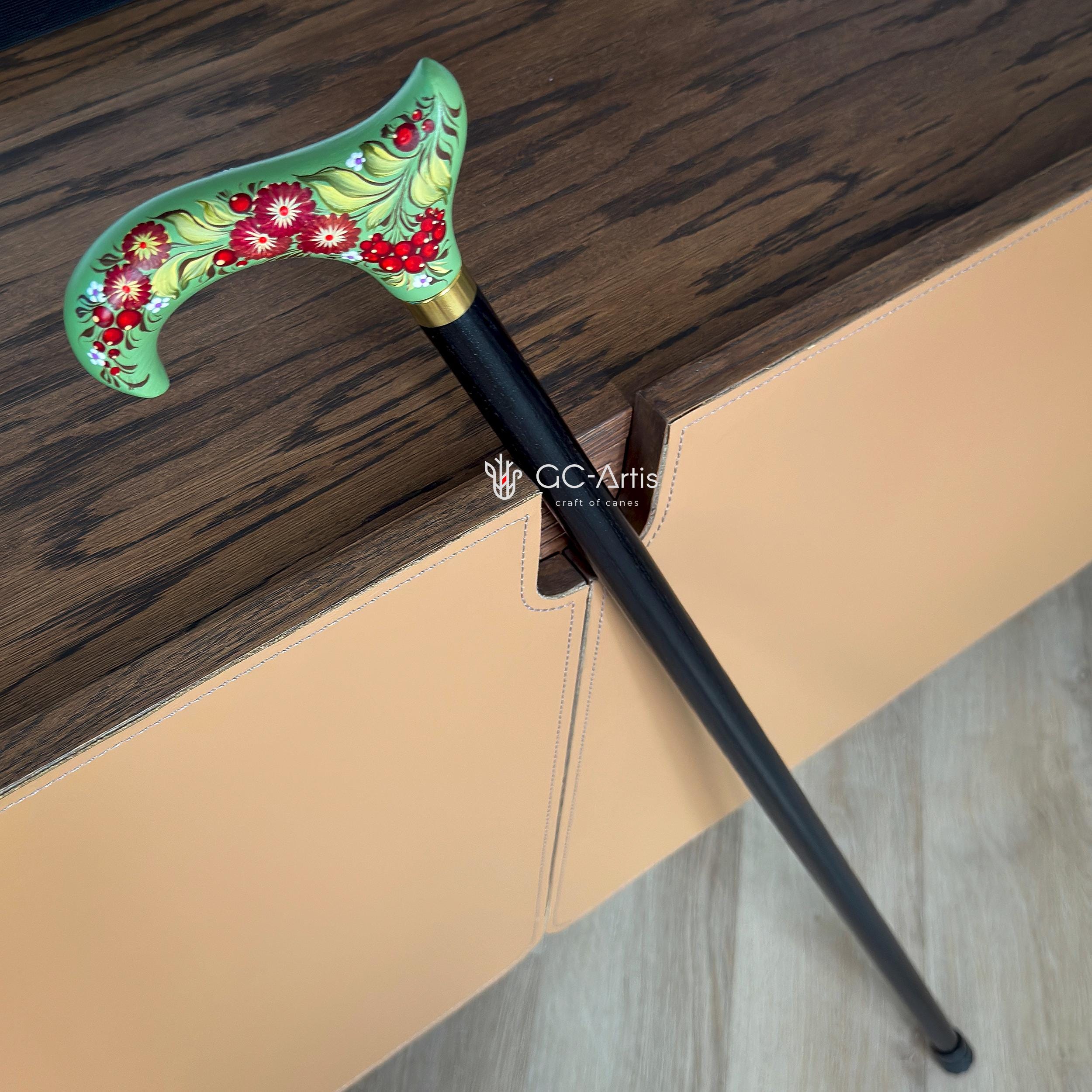 Elegant Hand-painted Walking Stick Cane with Guelder Rose - Green & Red decoration, black shaft, derby handle