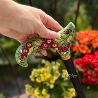 Elegant Hand-painted Walking Stick Cane with Guelder Rose - Green & Red decoration, black shaft, derby handle