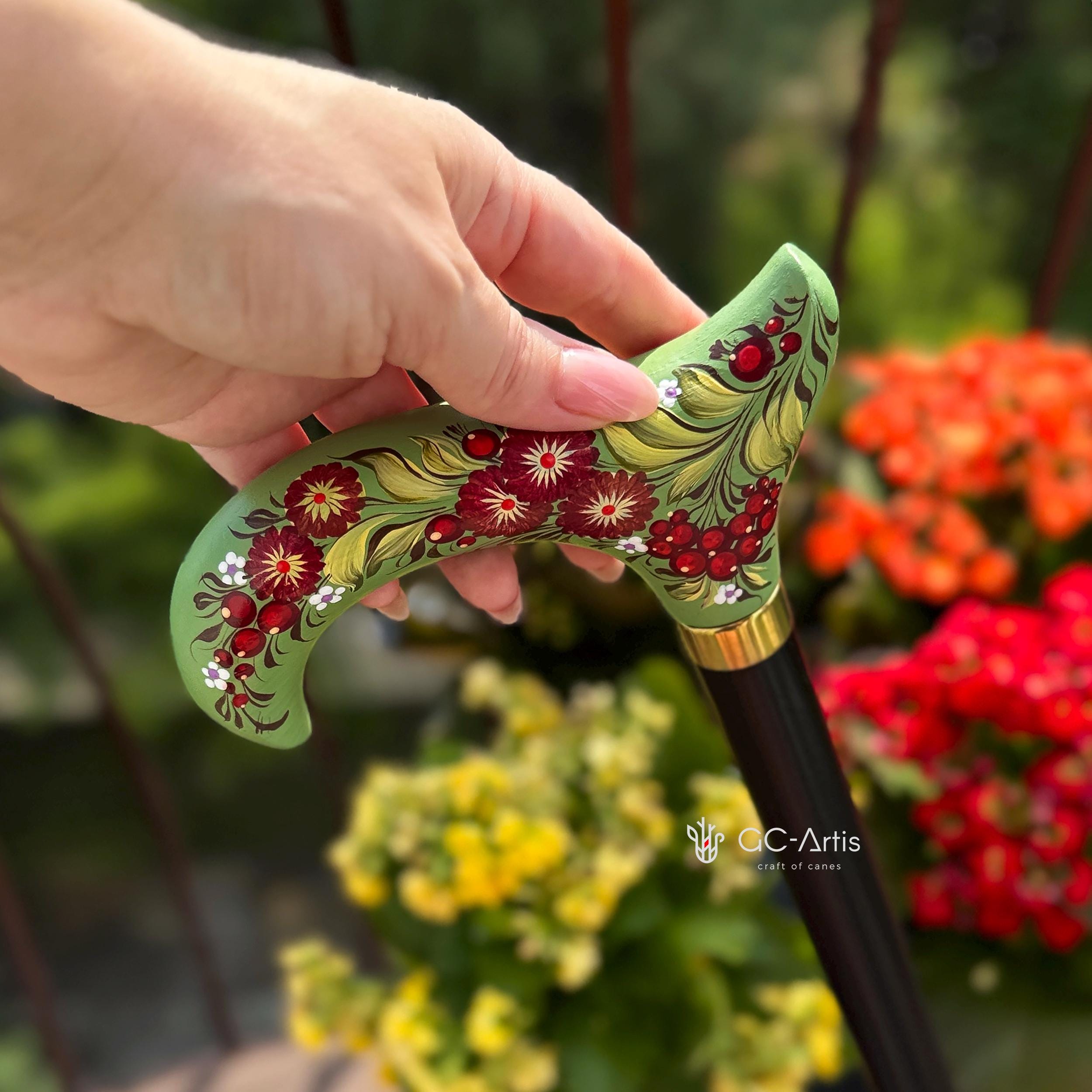 Elegant Hand-painted Walking Stick Cane with Guelder Rose - Green & Red decoration, black shaft, derby handle
