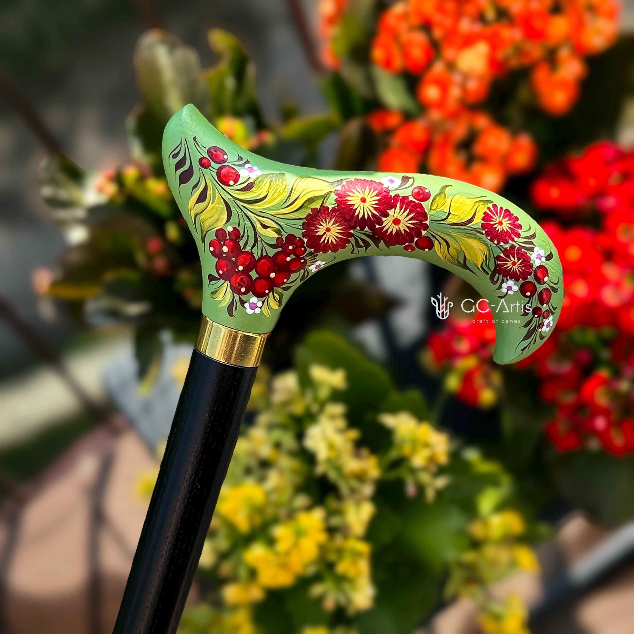Elegant Hand-painted Walking Stick Cane with Guelder Rose - Green & Red decoration, black shaft, derby handle