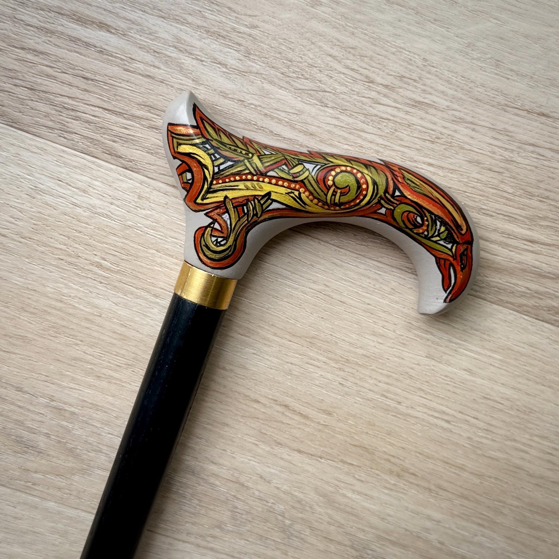 Celtic Raven Walking Stick – Hand Painted Wooden Cane, Brass decor, Derby Handle – 36