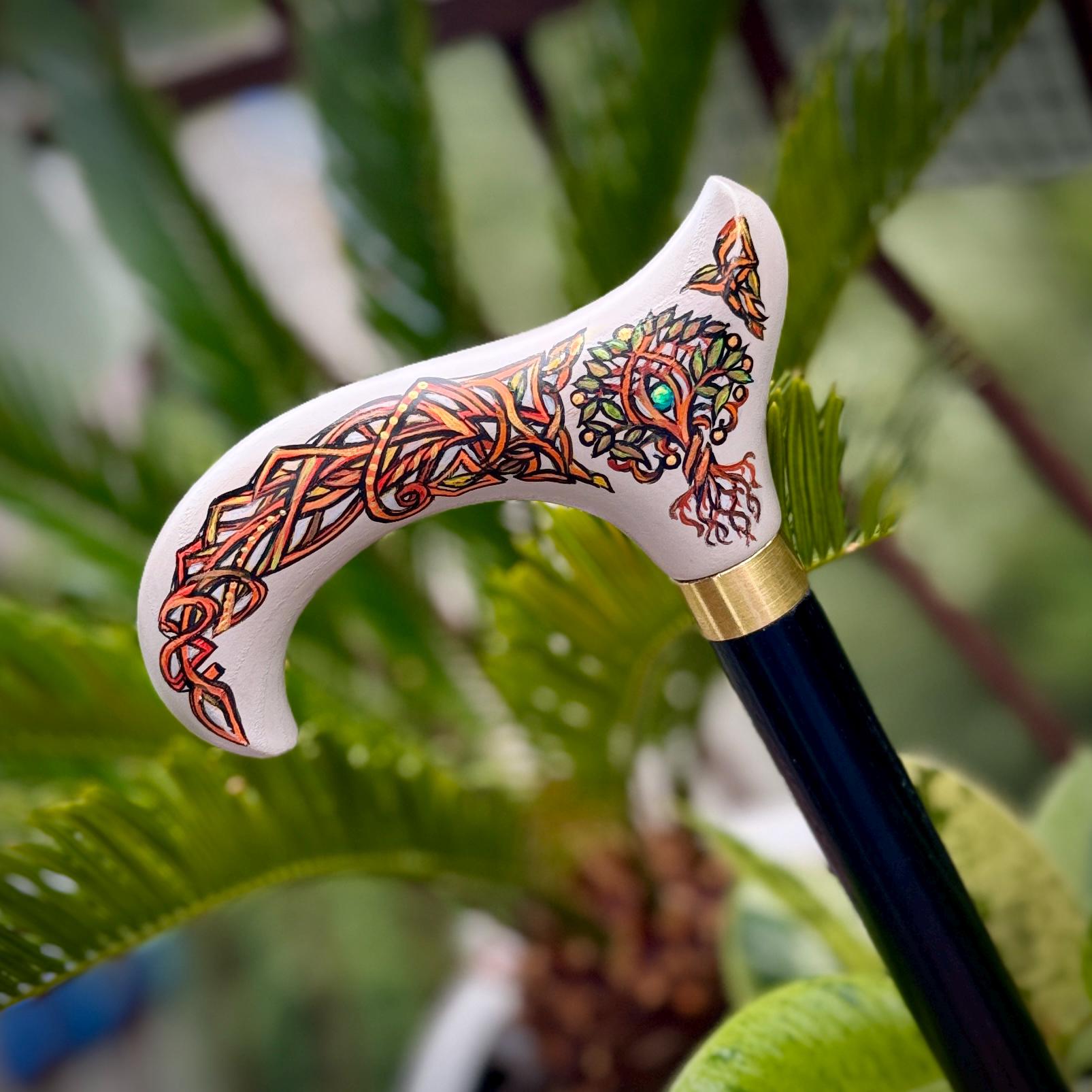 Wooden Walking Stick Cane – Celtic Style Derby handle with Hand Painted Life Tree, Brass collar, Classic design – 36