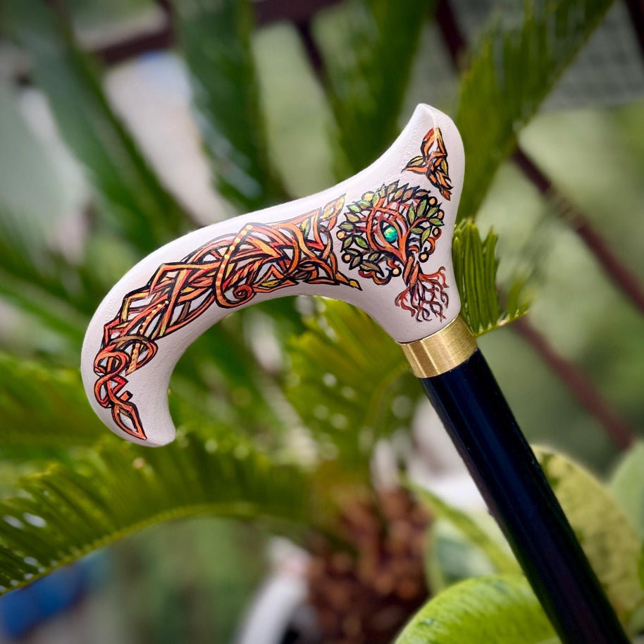 Wooden Walking Stick Cane – Celtic Style Derby handle with Hand Painted Life Tree, Brass collar, Classic design – 36
