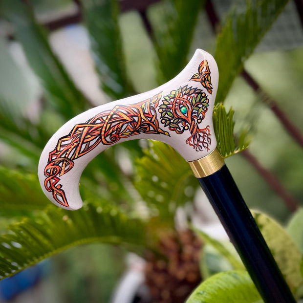 Wooden Walking Stick Cane – Celtic Style Derby handle with Hand Painted Life Tree, Brass collar, Classic design – 36"