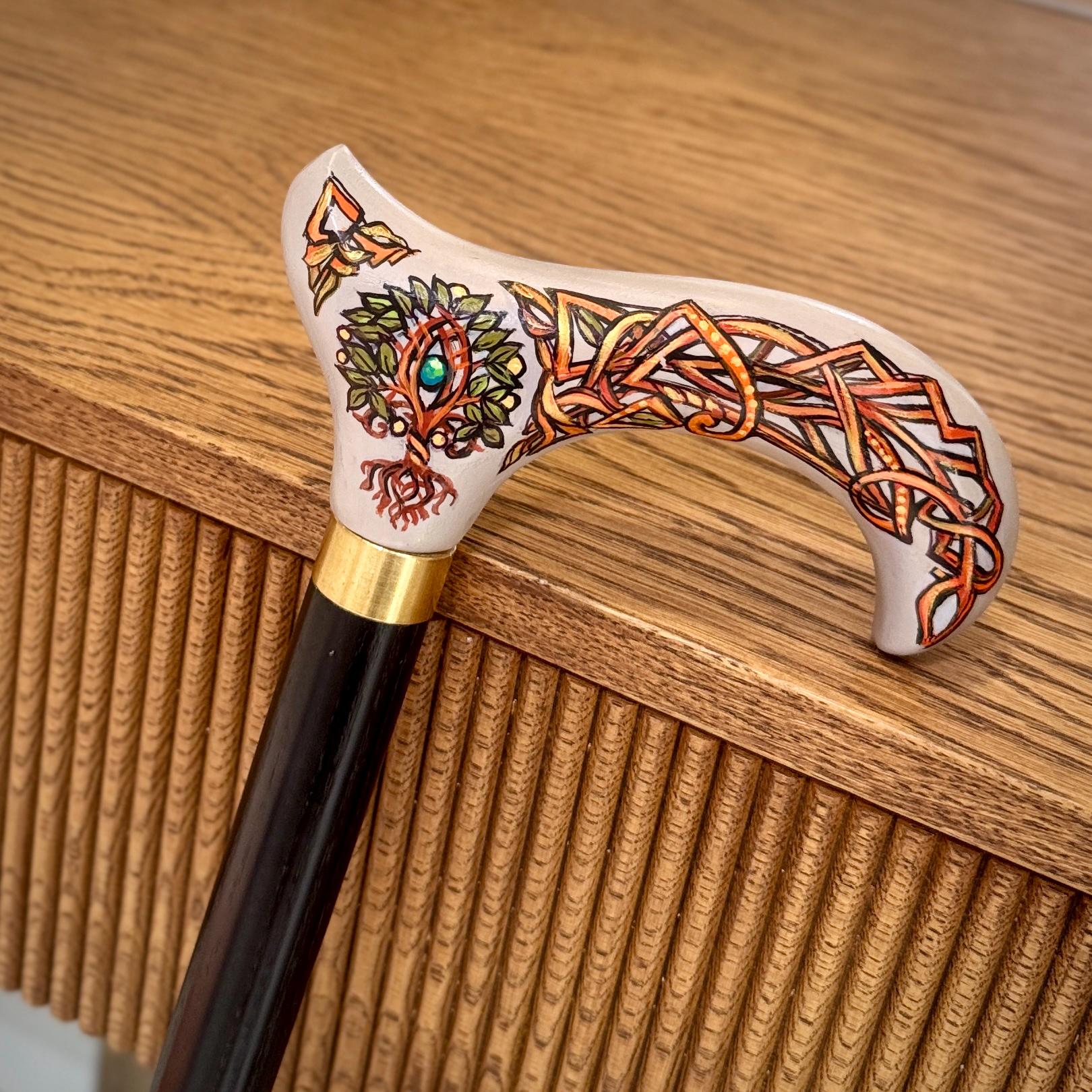 Wooden Walking Stick Cane – Celtic Style Derby handle with Hand Painted Life Tree, Brass collar, Classic design – 36"