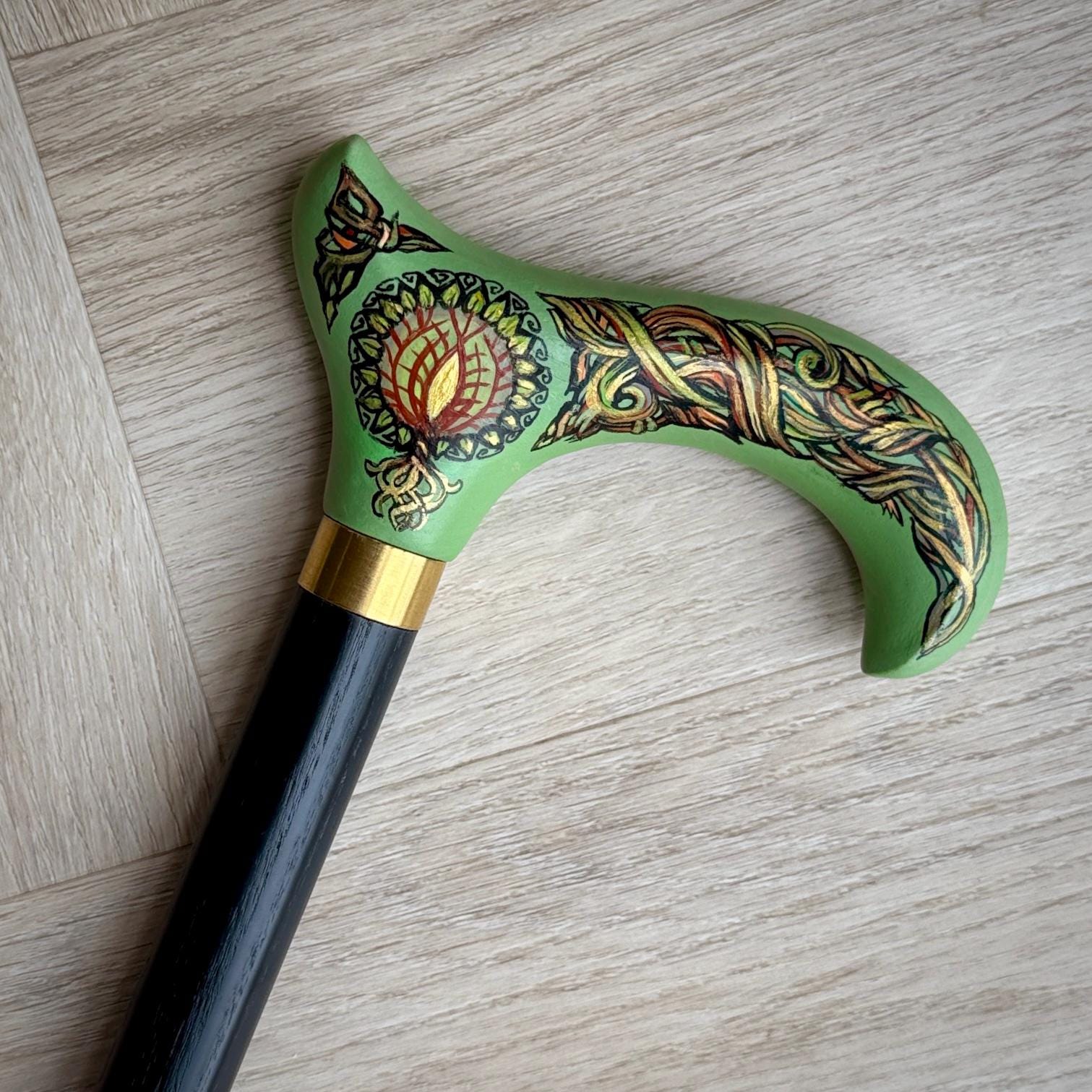 Wooden Walking Stick Cane – Celtic Style Hand Painted Tree of Life