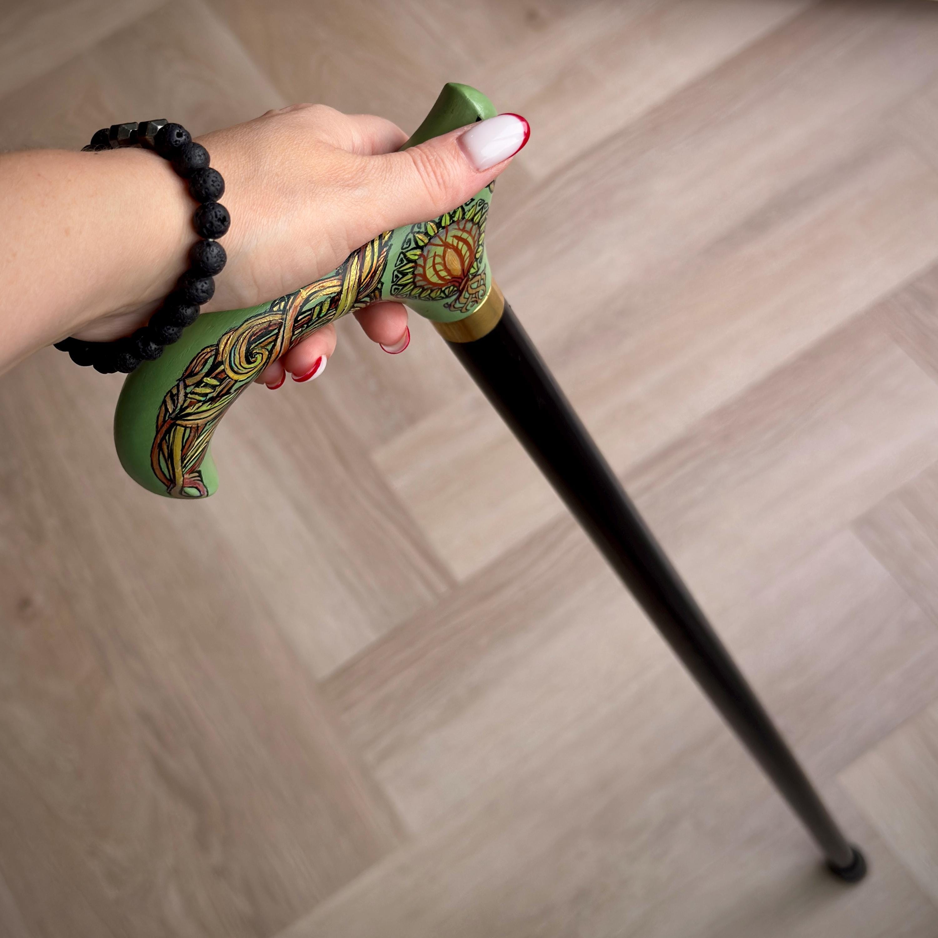 Wooden Walking Stick Cane – Celtic Style Hand Painted Tree of Life