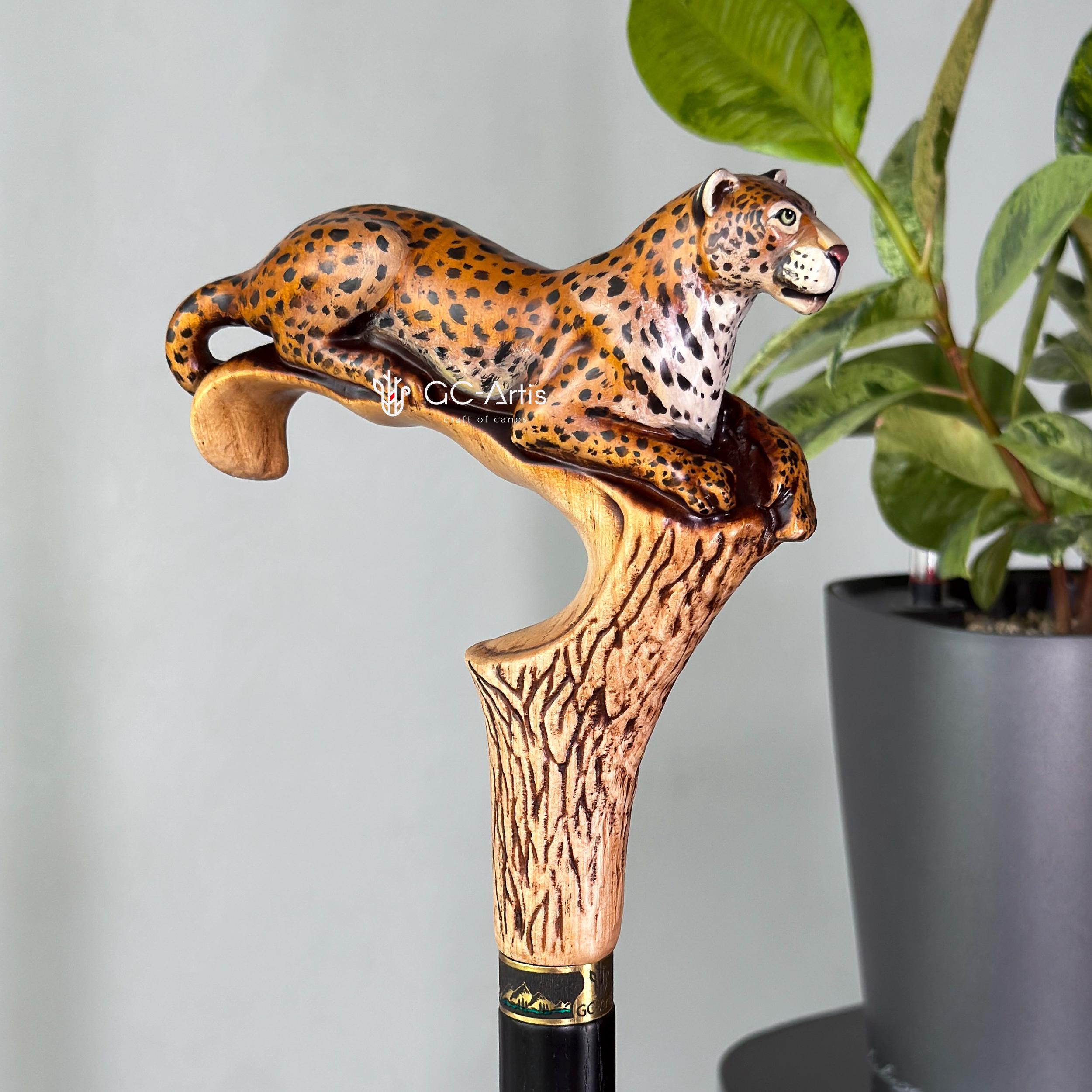 Hand-Painted Leopard Wooden Cane Walking Stick: Stylish Wild nature style, bigcat Design