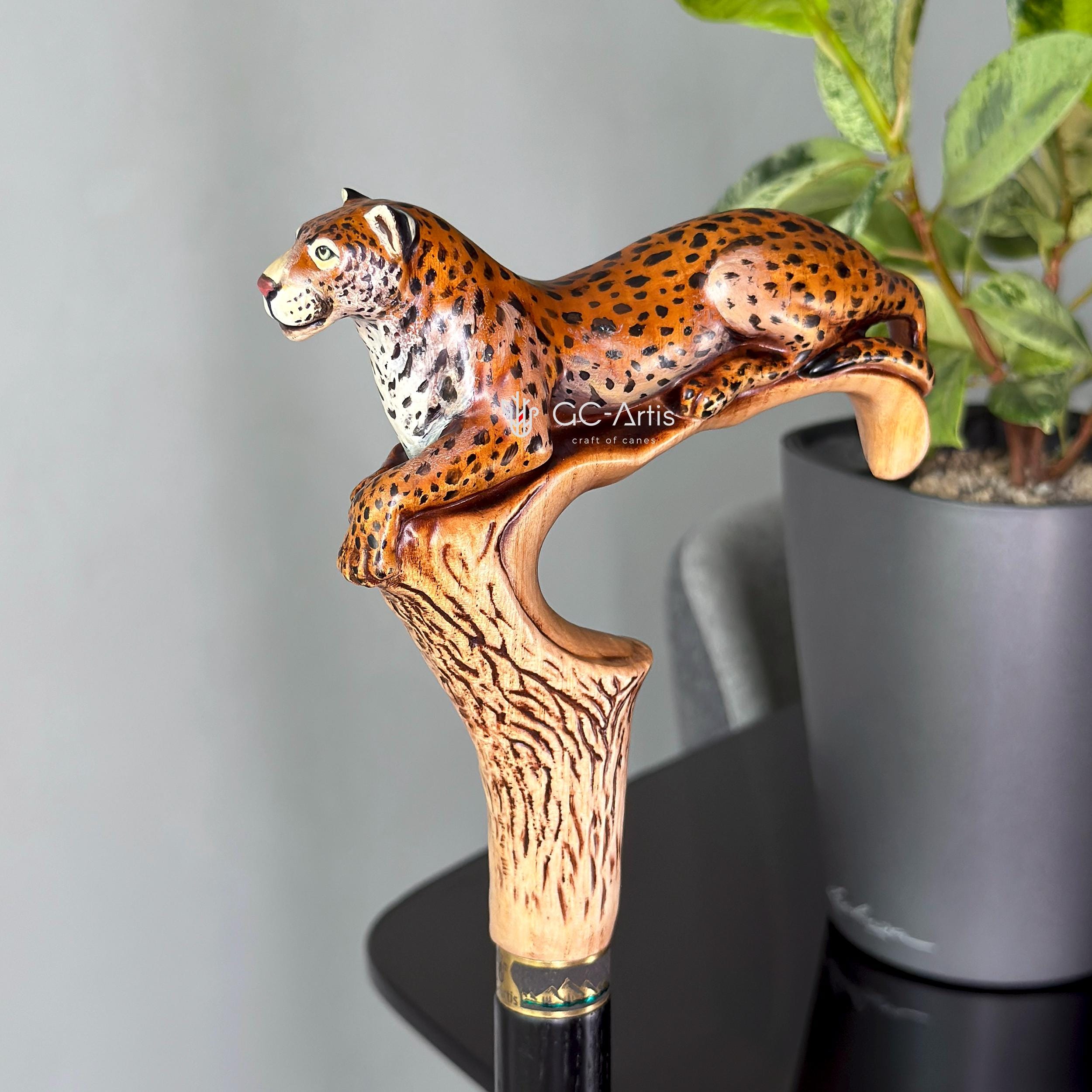 Hand-Painted Leopard Wooden Cane Walking Stick: Stylish Wild nature style, bigcat Design