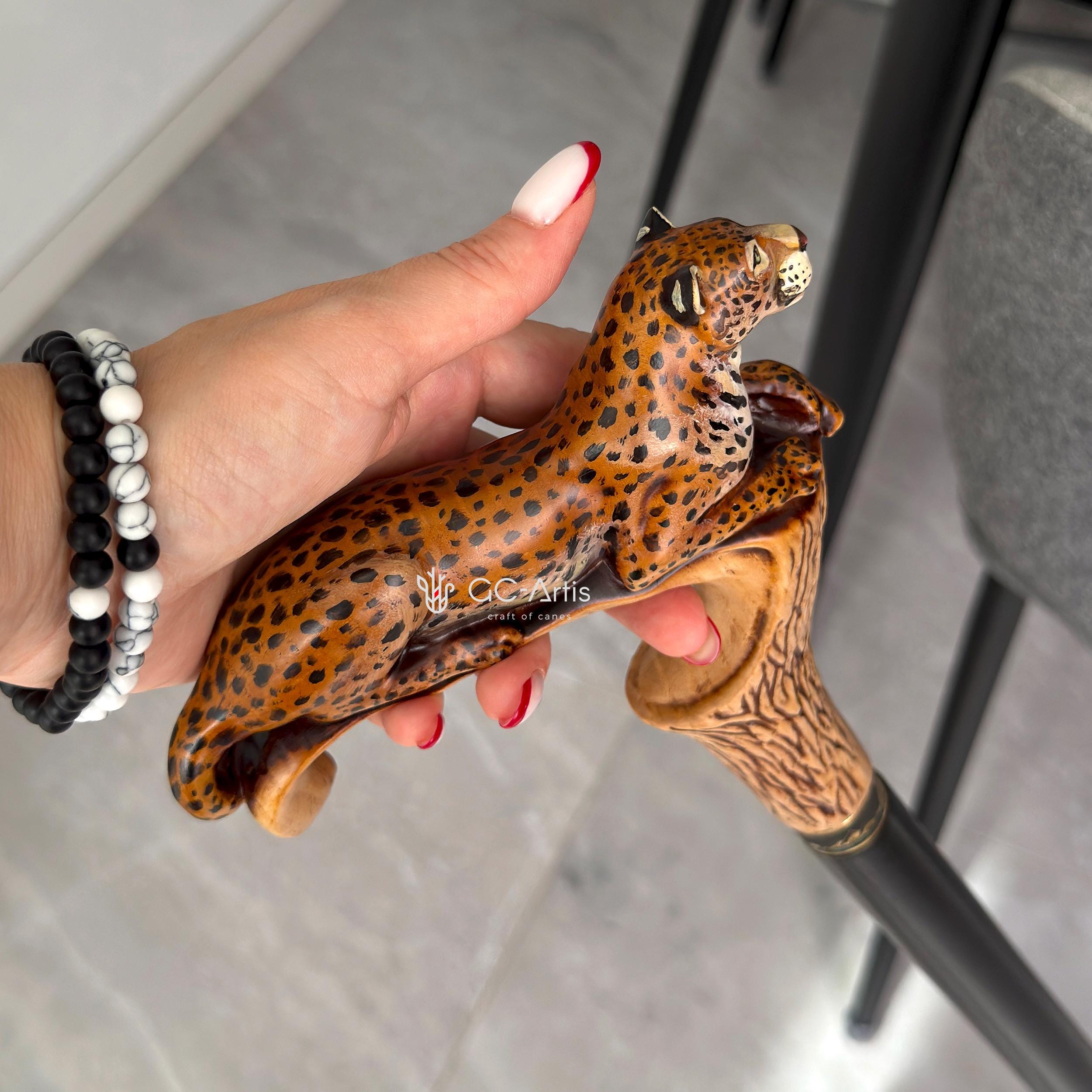 Hand-Painted Leopard Wooden Cane Walking Stick: Stylish Wild nature style, bigcat Design