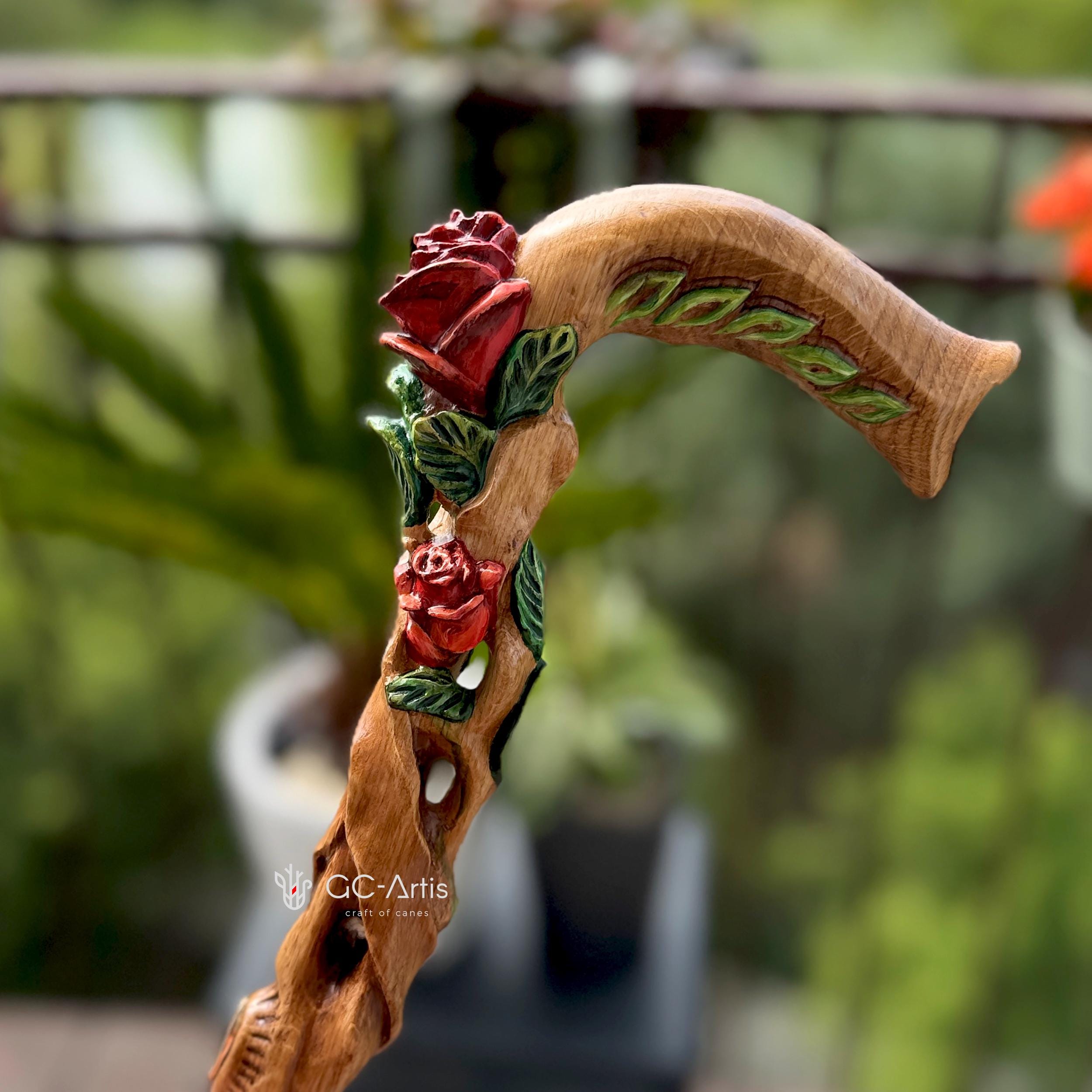 Hand painted Walking cane Red Rose Flower - wood carved Walking Stick, gift for women, mom, grandma - GCArtis - Luxe Hand Painted Canes - Wood, Wooden