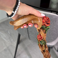 Hand painted Walking cane Red Rose Flower - wood carved Walking Stick, gift for women, mom, grandma - GCArtis - Luxe Hand Painted Canes - Wood, Wooden