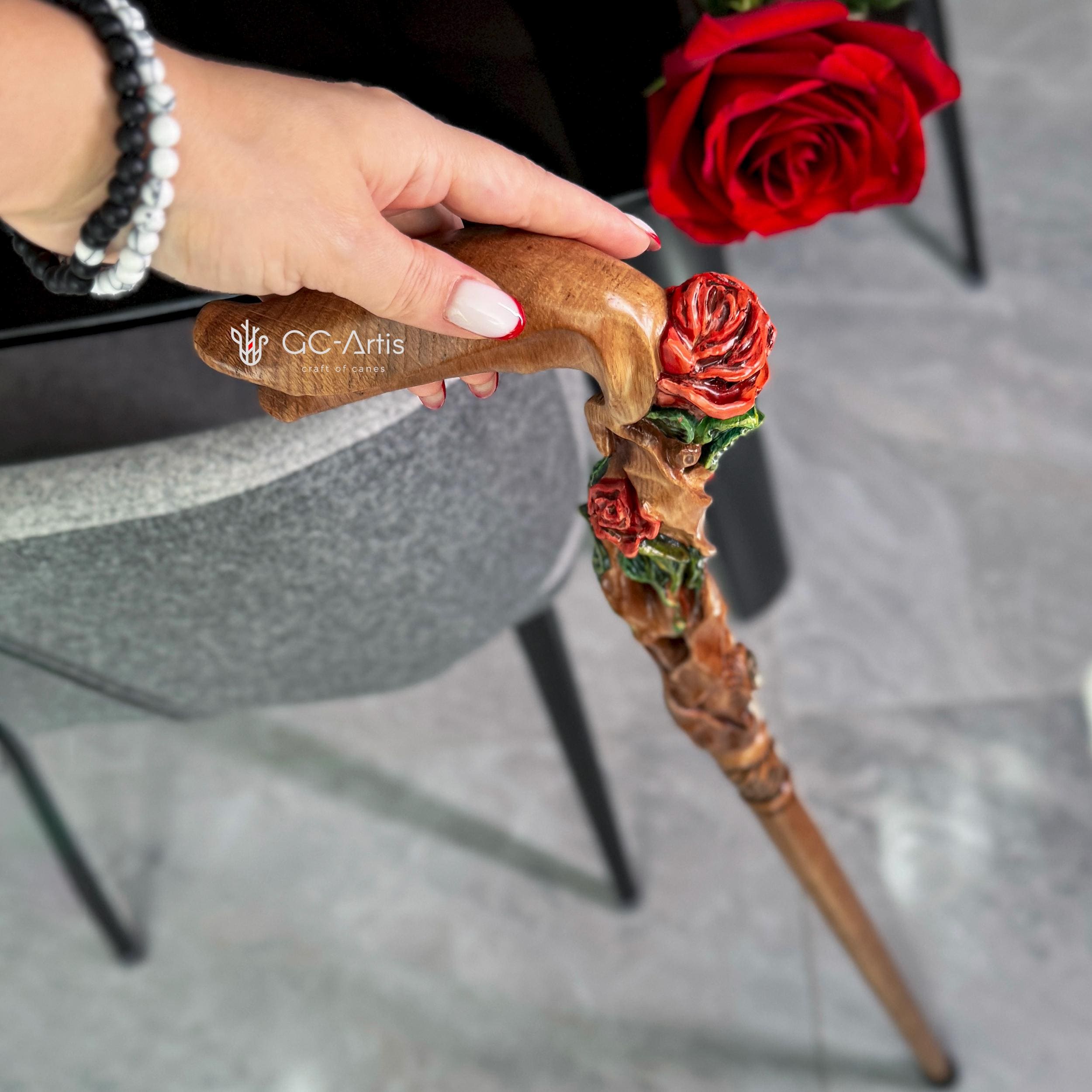 Hand painted Walking cane Red Rose Flower - wood carved Walking Stick, gift for women, mom, grandma - GCArtis - Luxe Hand Painted Canes - Wood, Wooden