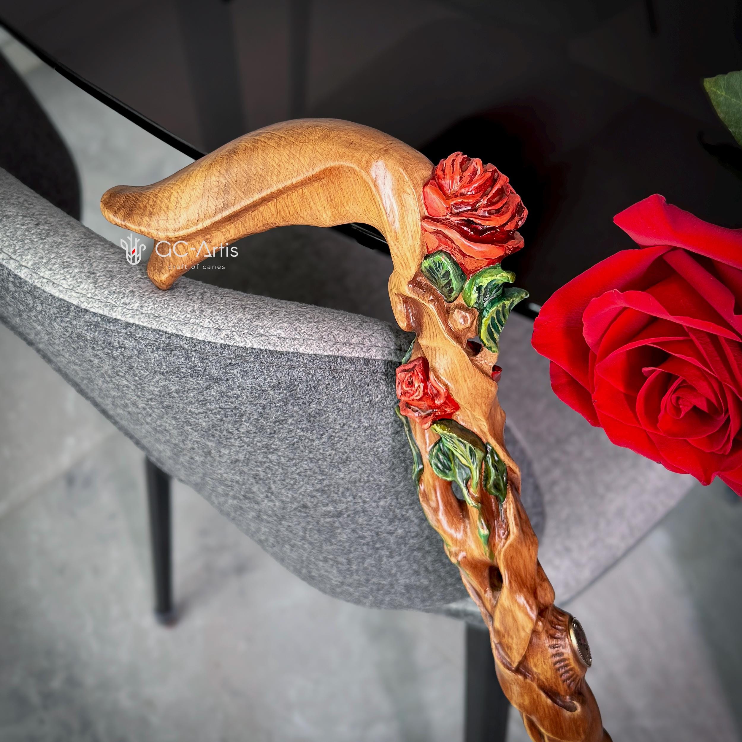 Hand painted Walking cane Red Rose Flower - wood carved Walking Stick, gift for women, mom, grandma - GCArtis - Luxe Hand Painted Canes - Wood, Wooden