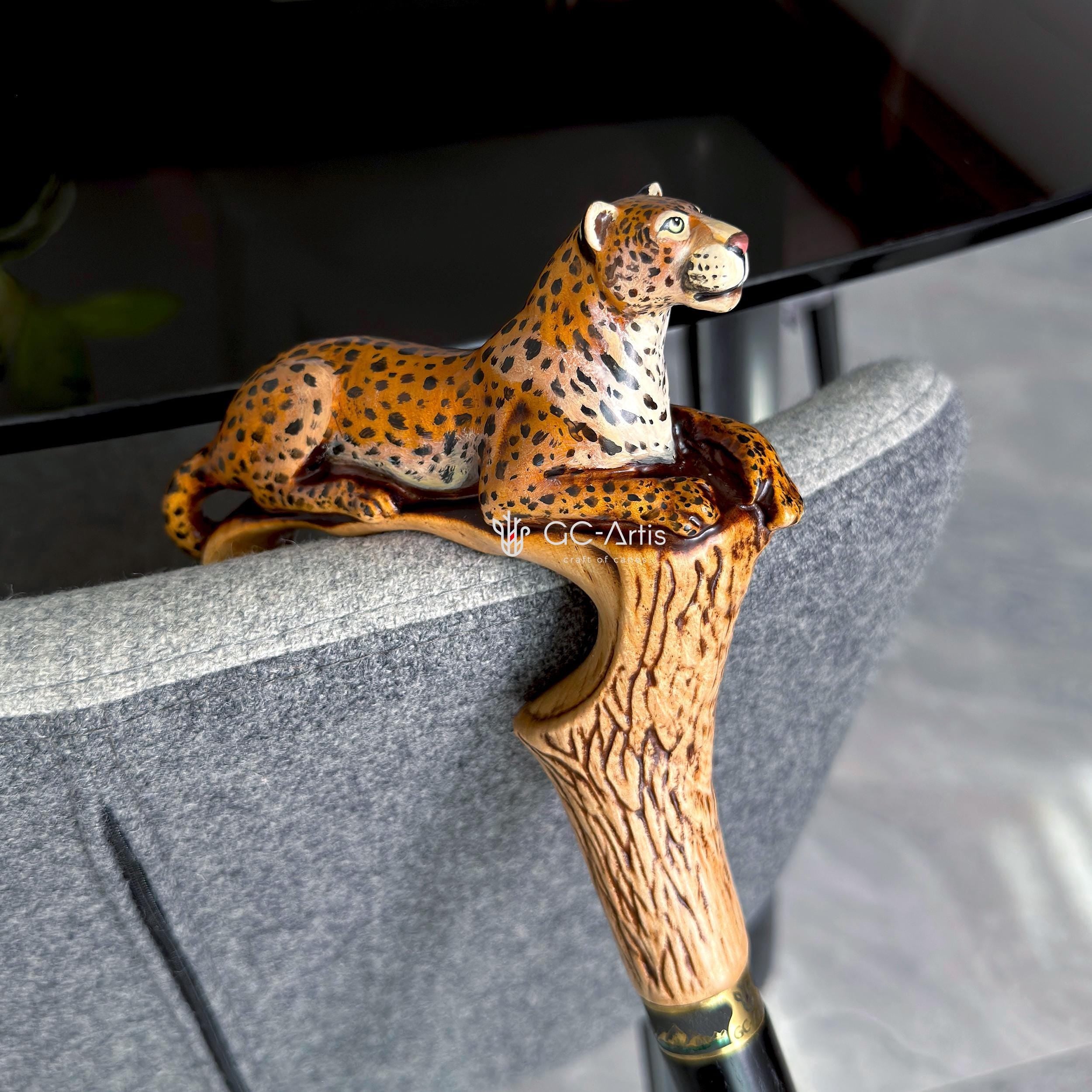 Hand-Painted Leopard Wooden Cane Walking Stick: Stylish Wild nature style, bigcat Design