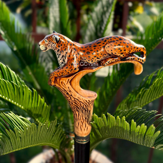 Hand-Painted Leopard Wooden Cane Walking Stick: Stylish Wild nature style, bigcat Design
