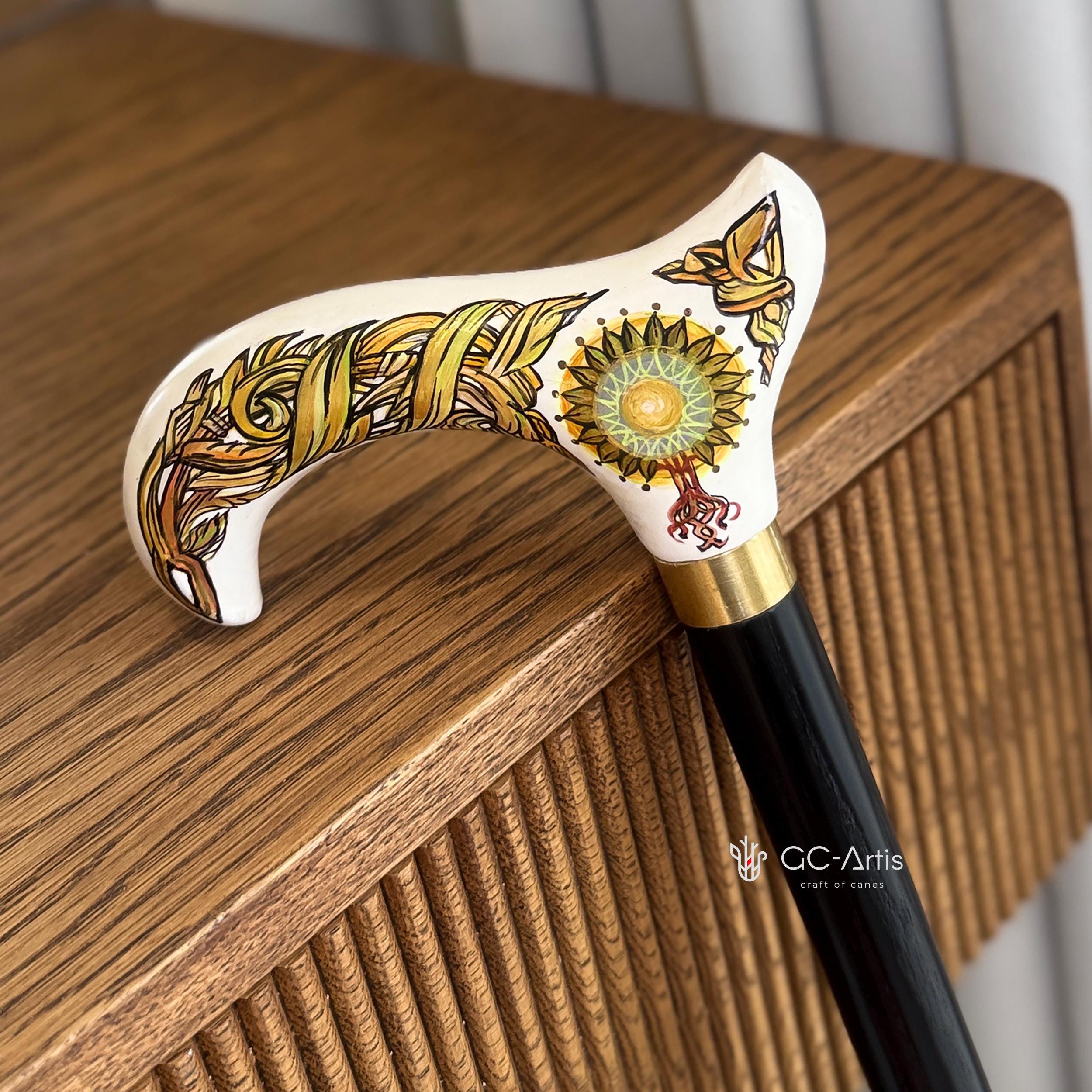 Celtic Walking Stick – White Hand Painted Wooden Cane. Life Tree, Brass decor, Classic Handle – 36