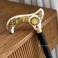 Celtic Walking Stick – White Hand Painted Wooden Cane. Life Tree, Brass decor, Classic Handle – 36