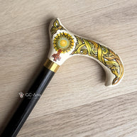 Celtic Walking Stick – White Hand Painted Wooden Cane. Life Tree, Brass decor, Classic Handle – 36