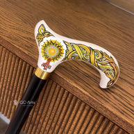 Celtic Walking Stick – White Hand Painted Wooden Cane. Life Tree, Brass decor, Classic Handle – 36