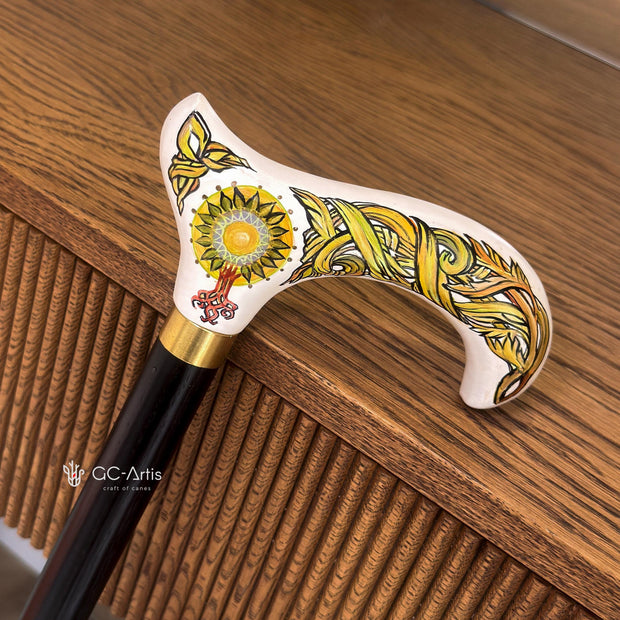 Celtic Walking Stick – White Hand Painted Wooden Cane. Life Tree, Brass decor, Classic Handle – 36"