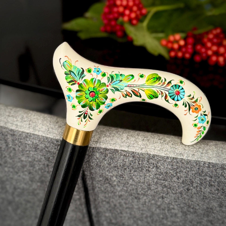 Emerald Melody on White Hand Painted – Hand-Painted Artisan Walking Cane - GCArtis - Flowered Ladies canes - Bronze, wood