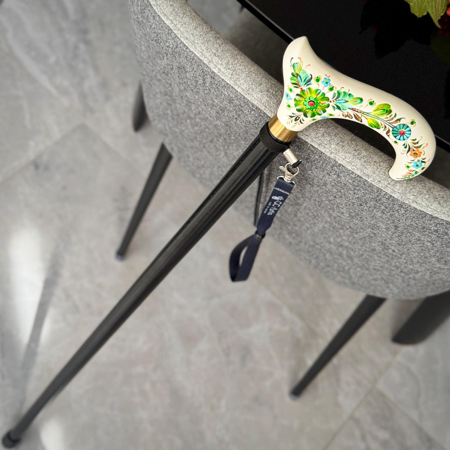 Classic Hand-painted walking stick - Emerald Melogy - pretty flower Wooden cane for women Ladies with comfortable light derby handle