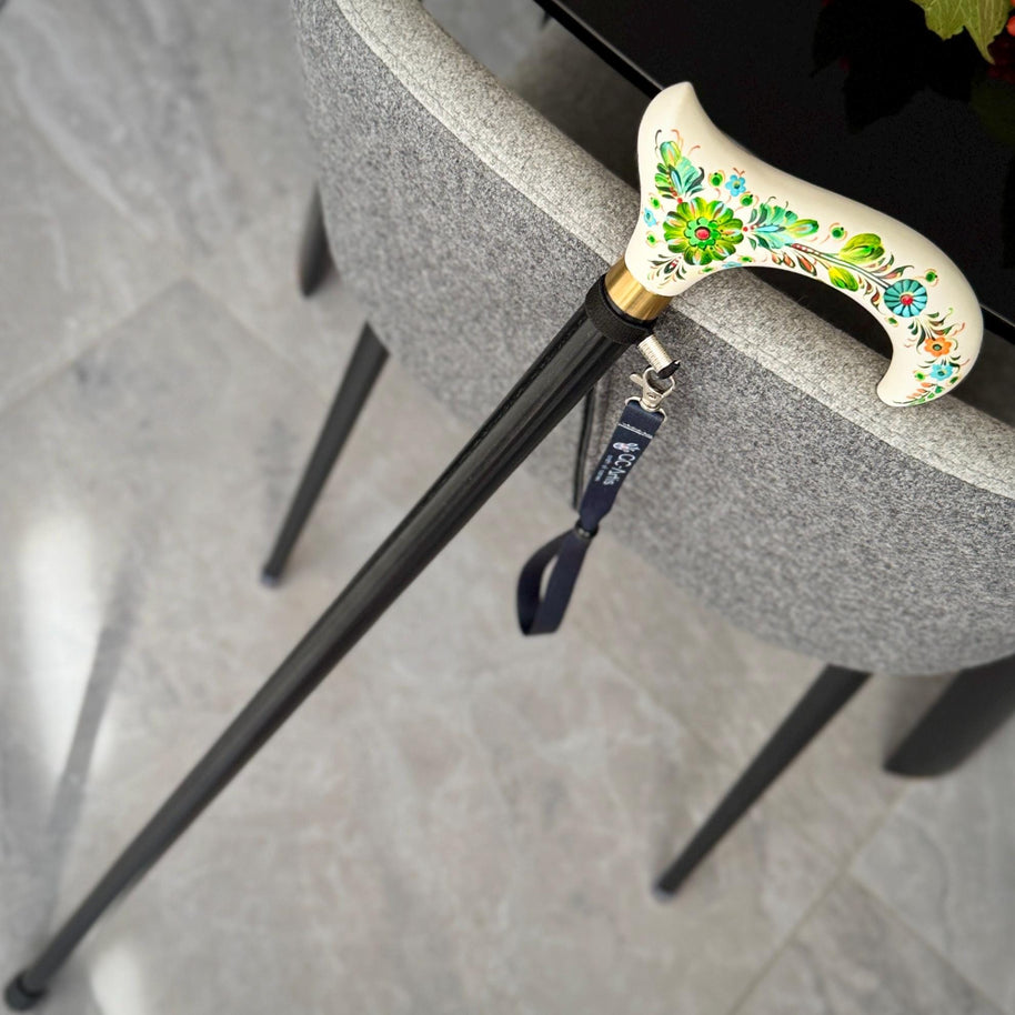 Emerald Melody on White Hand Painted – Hand-Painted Artisan Walking Cane - GCArtis - Flowered Ladies canes - Bronze, wood