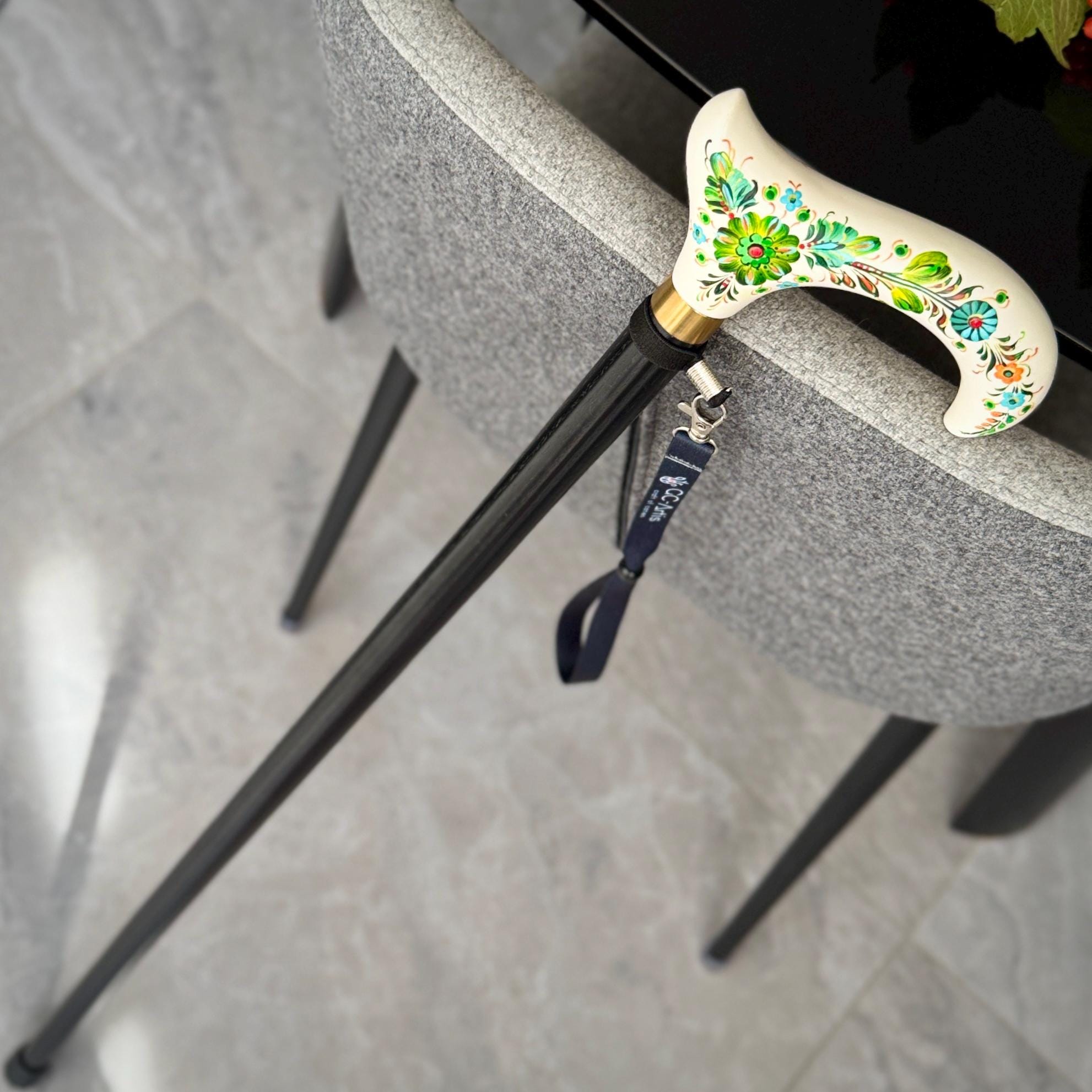 Emerald Melody on White Hand Painted – Hand-Painted Artisan Walking Cane - GCArtis - Flowered Ladies canes - Bronze, wood