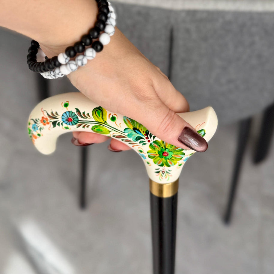 Emerald Melody on White Hand Painted – Hand-Painted Artisan Walking Cane - GCArtis - Flowered Ladies canes - Bronze, wood