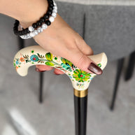 Emerald Melody on White Hand Painted – Hand-Painted Artisan Walking Cane - GCArtis - Flowered Ladies canes - Bronze, wood