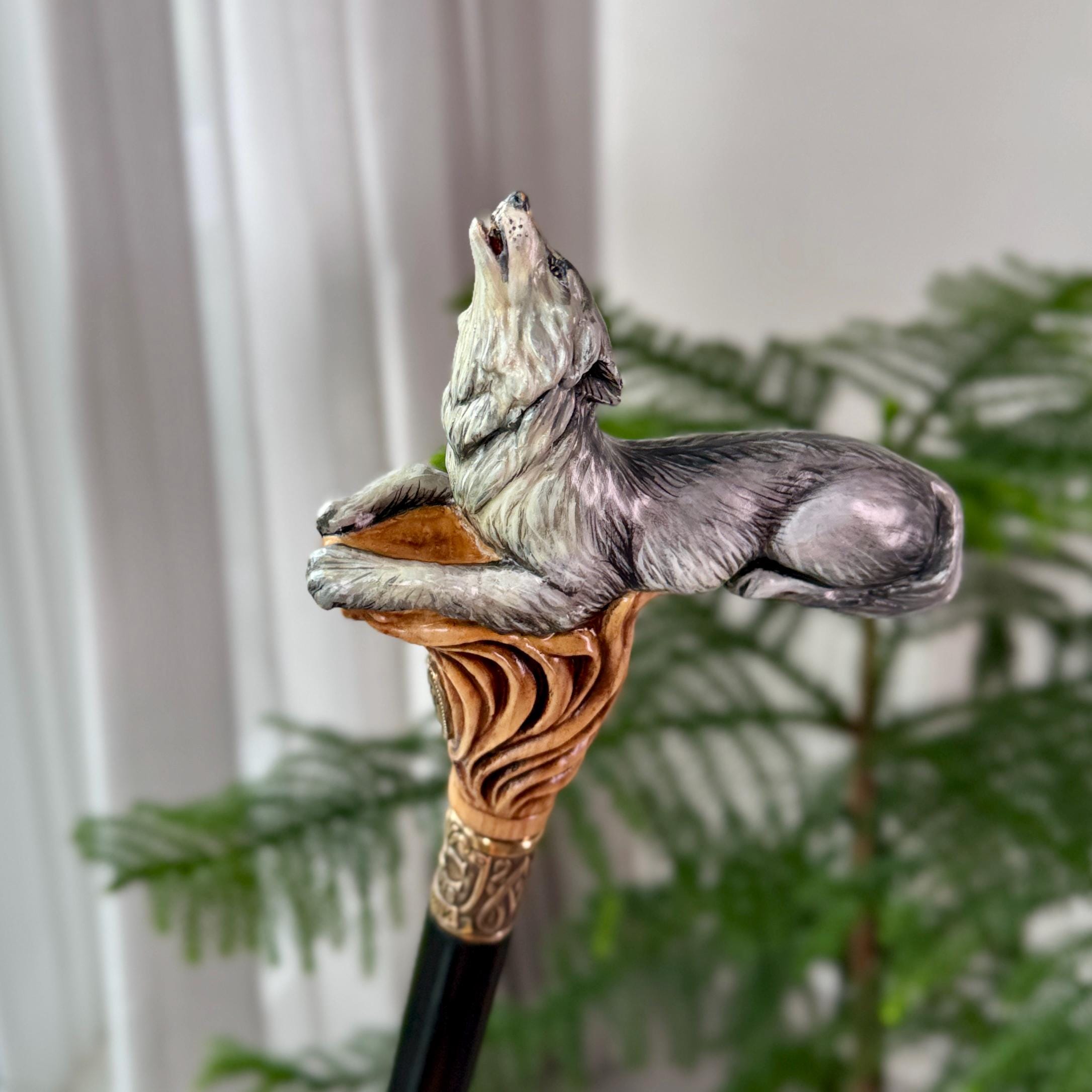 Wooden Cane Walking Stick Howling Wolf - Hand-painted Carved handle, wild nature style
