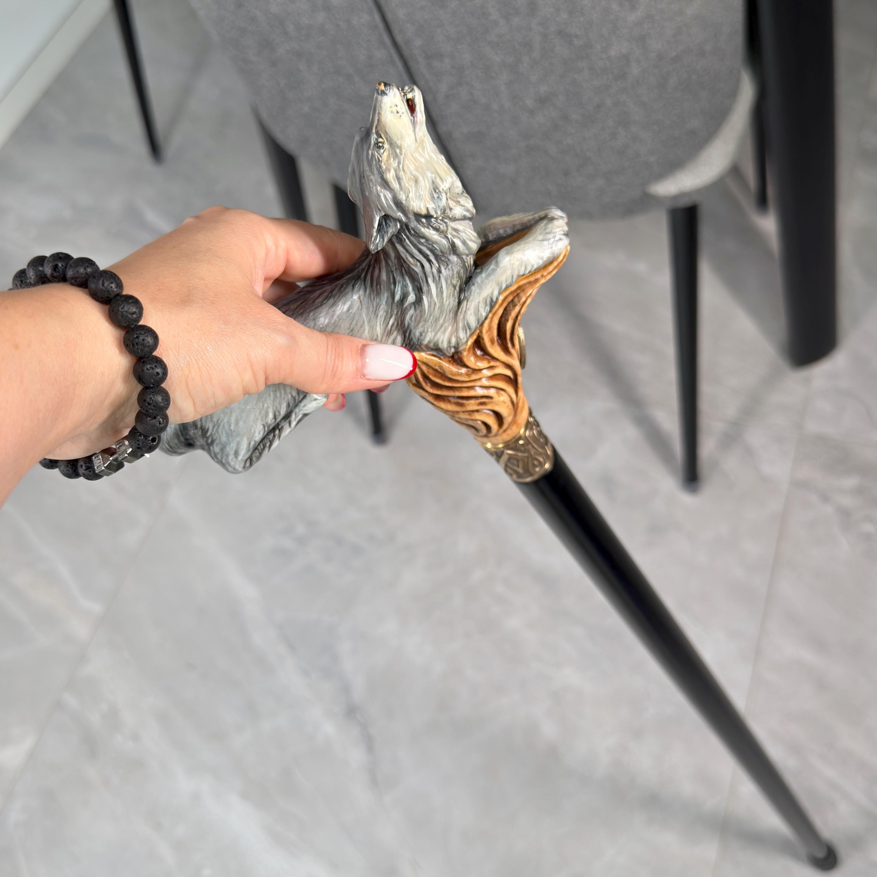 Wooden Cane Walking Stick Howling Wolf - Hand-painted Carved handle, wild nature style