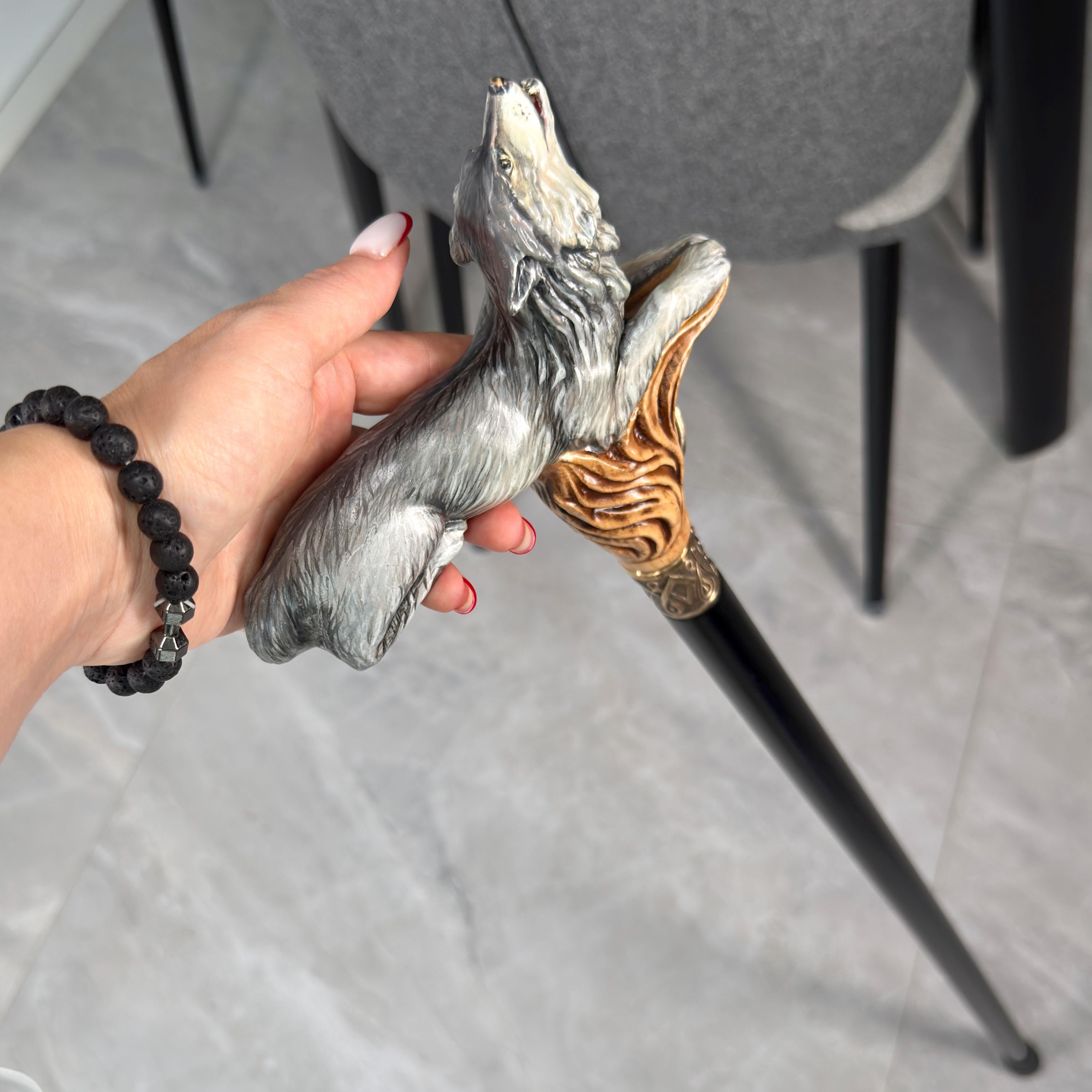 Wooden Cane Walking Stick Howling Wolf - Hand-painted Carved handle, wild nature style