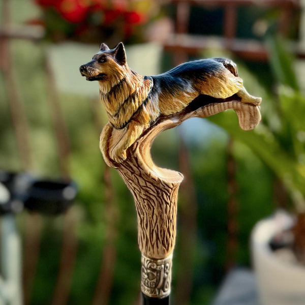 Wooden Walking Stick Cane German Shepherd: hand-painted dog breed handle