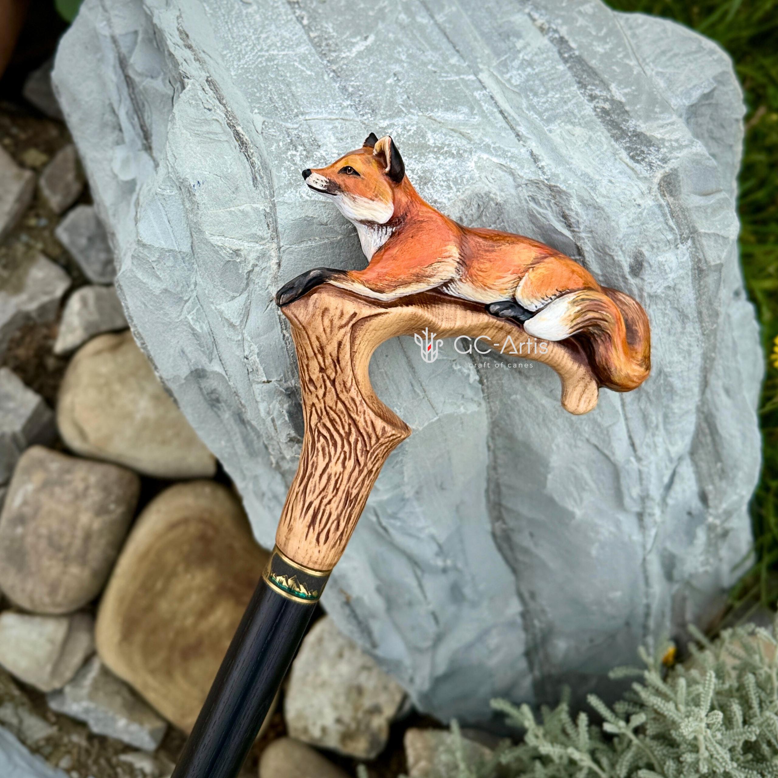 Hand-painted Walking Cane Stick - Fox, Cool Wood carved ladies accessory