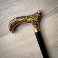 Celtic Raven Walking Stick – Hand Painted Wooden Cane, Brass decor, Derby Handle – 36